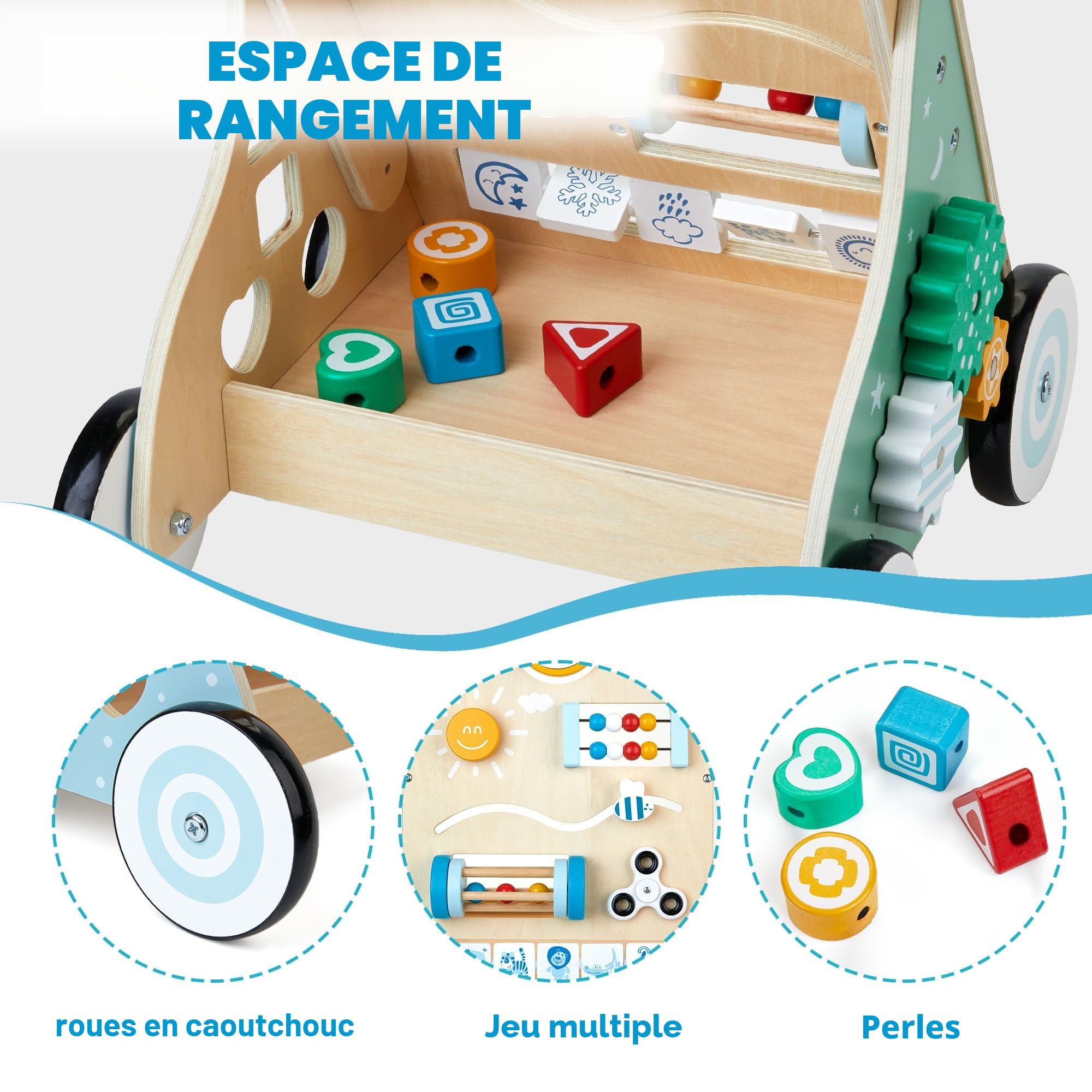 Trotteur en bois 10 en 1 Utilisez-le comme chariot de marche pour bébé Avec roues en caoutchouc et centre d’activité Aide à la marche Jouet pour garçons et filles