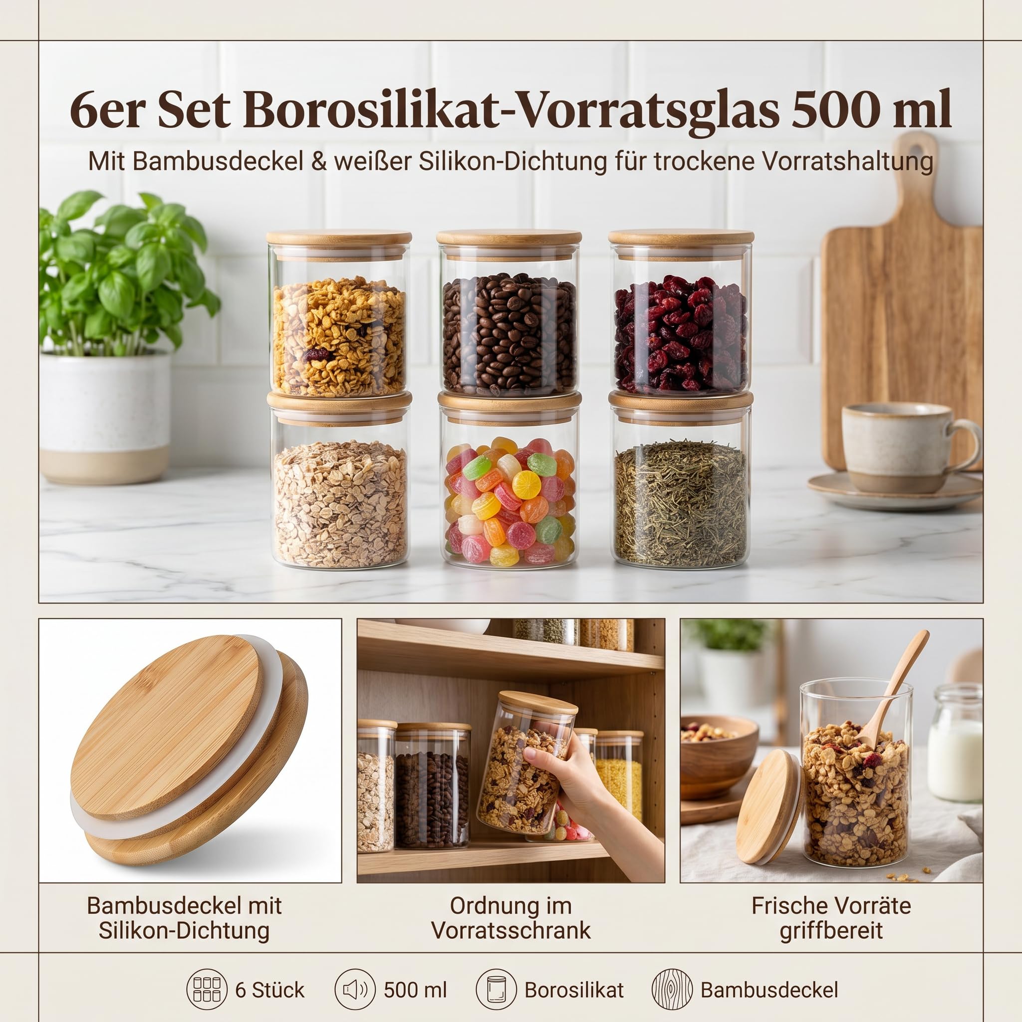gouveo Set da 6 barattoli dispensa classici (0,50 l) con coperchio a pressione in bambù, vetro borosilicato rotondo cilindrico per alimenti secchi e organizzazione cucina (BGR500B)