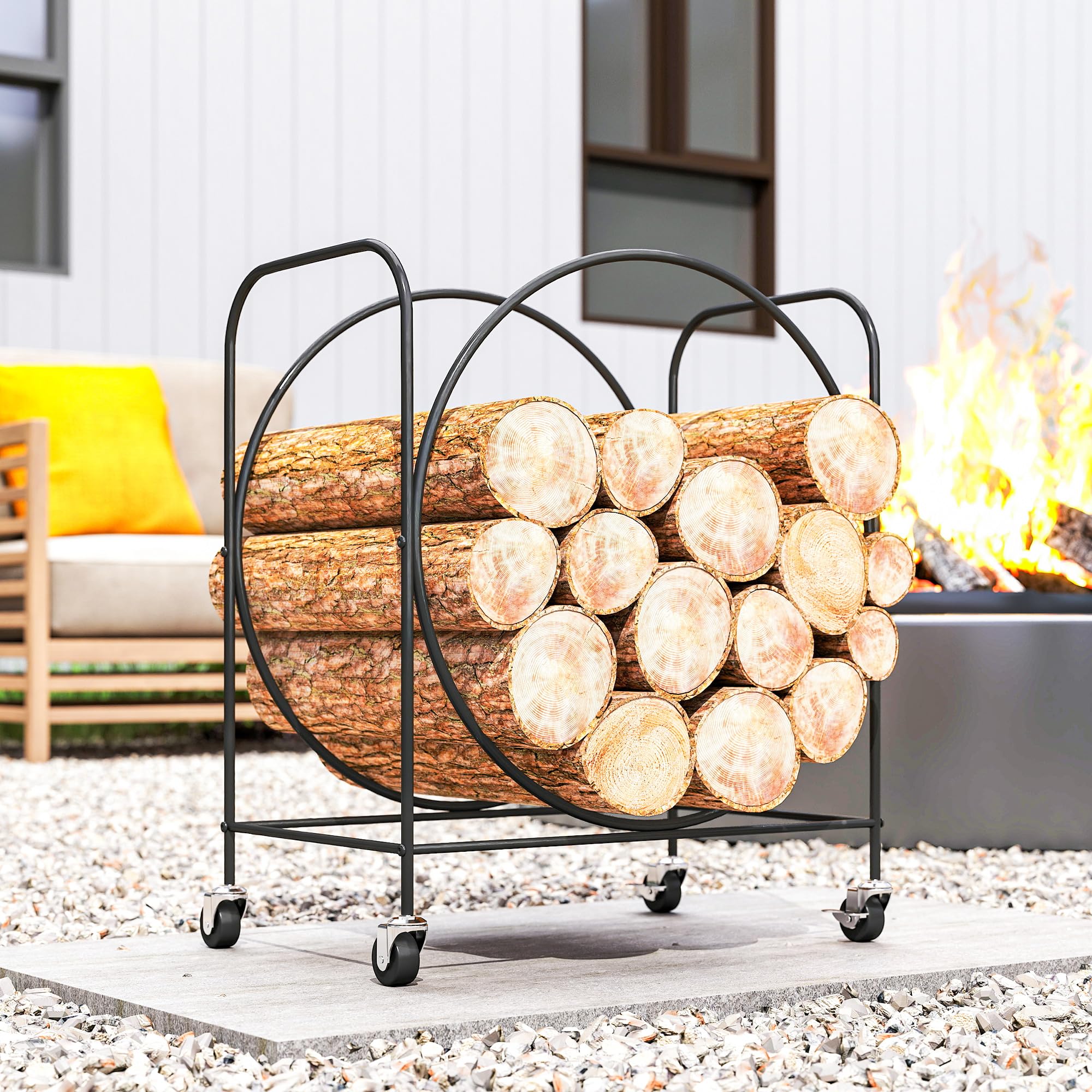 Outsunny Estante de Leña de Metal con Ruedas, Leñero Exterior e Interior, Soporte para Leña de Chimenea, Almacenamiento para Madera, 51x30x60 cm, Negro