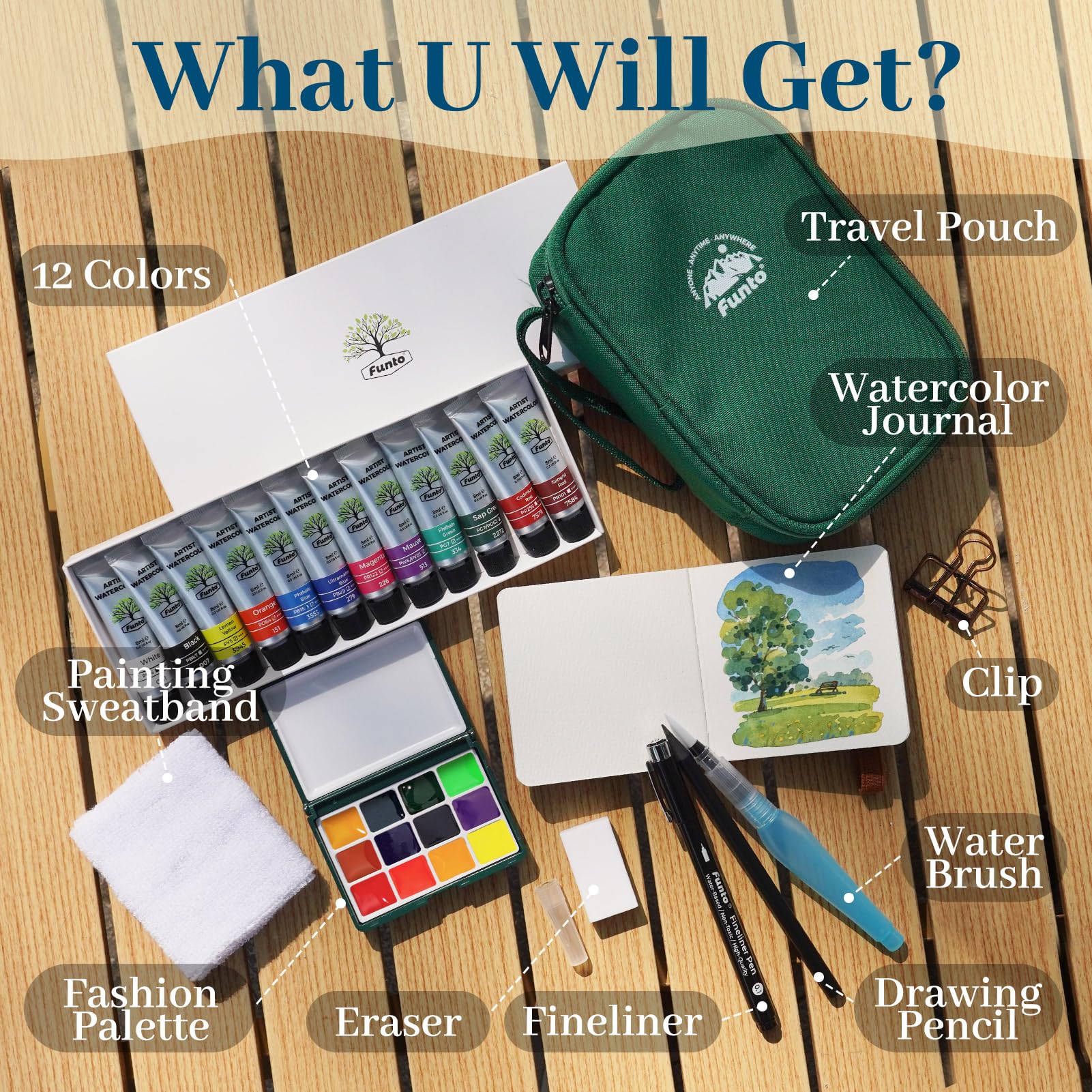 Funto Mini Set d'Aquarelle de Voyage, Kit d'Art de Voyage Rechargeable 12 Couleurs, Fournitures de Peinture Mini Tout-en-Un avec Sac, Matériel d'Art pour Tous Niveaux, Amateurs et Artistes