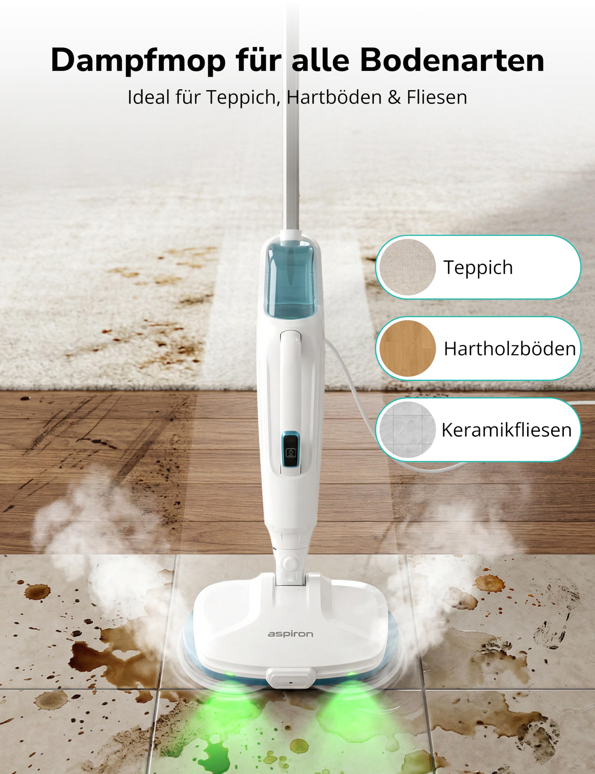 Dampfreiniger 10-in-1 mit Handgerät, 15s Schnellaufheizung, 2 Dampfstufen & Sprayfunktion, 500 ml Tank, Steam Mop für Fliesen, Laminat, Parkett, Teppich, Küche, Bad, Auto