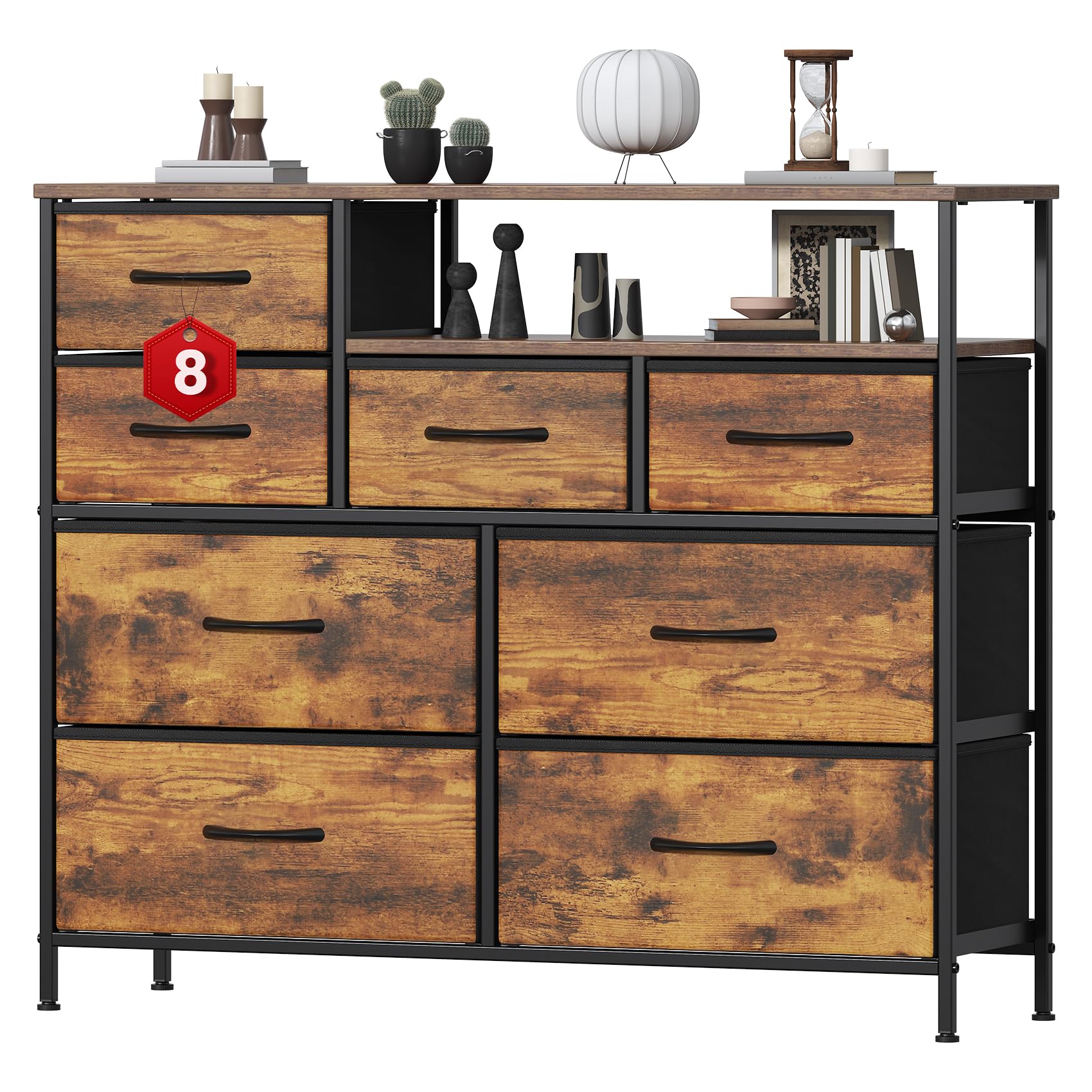 Cassettiera con 8 cassetti, cassettiera in tessuto con piano in legno, per camera da letto, soggiorno, marrone rustico