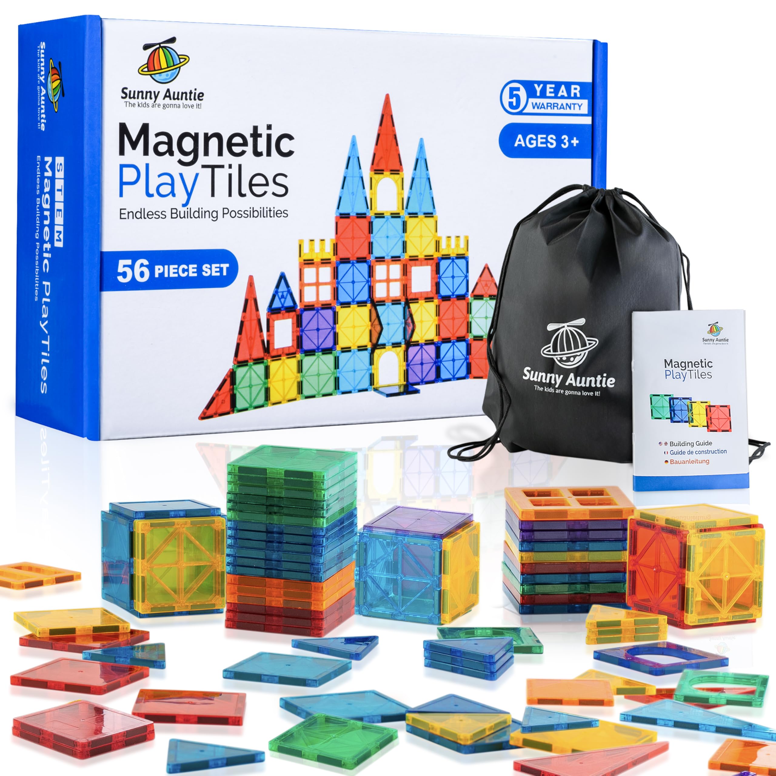 Magnetic Tiles 56 PCS, Magnetic Tiles for Kids & Toddlers Ages 3-8, Magnet Toy for 3 4 5 6 7 8 Year Old Boys Girls Kids & Toddlers, Magnet Blocks Building Set STEM Toy, Great Gift for Kids aged 3-8