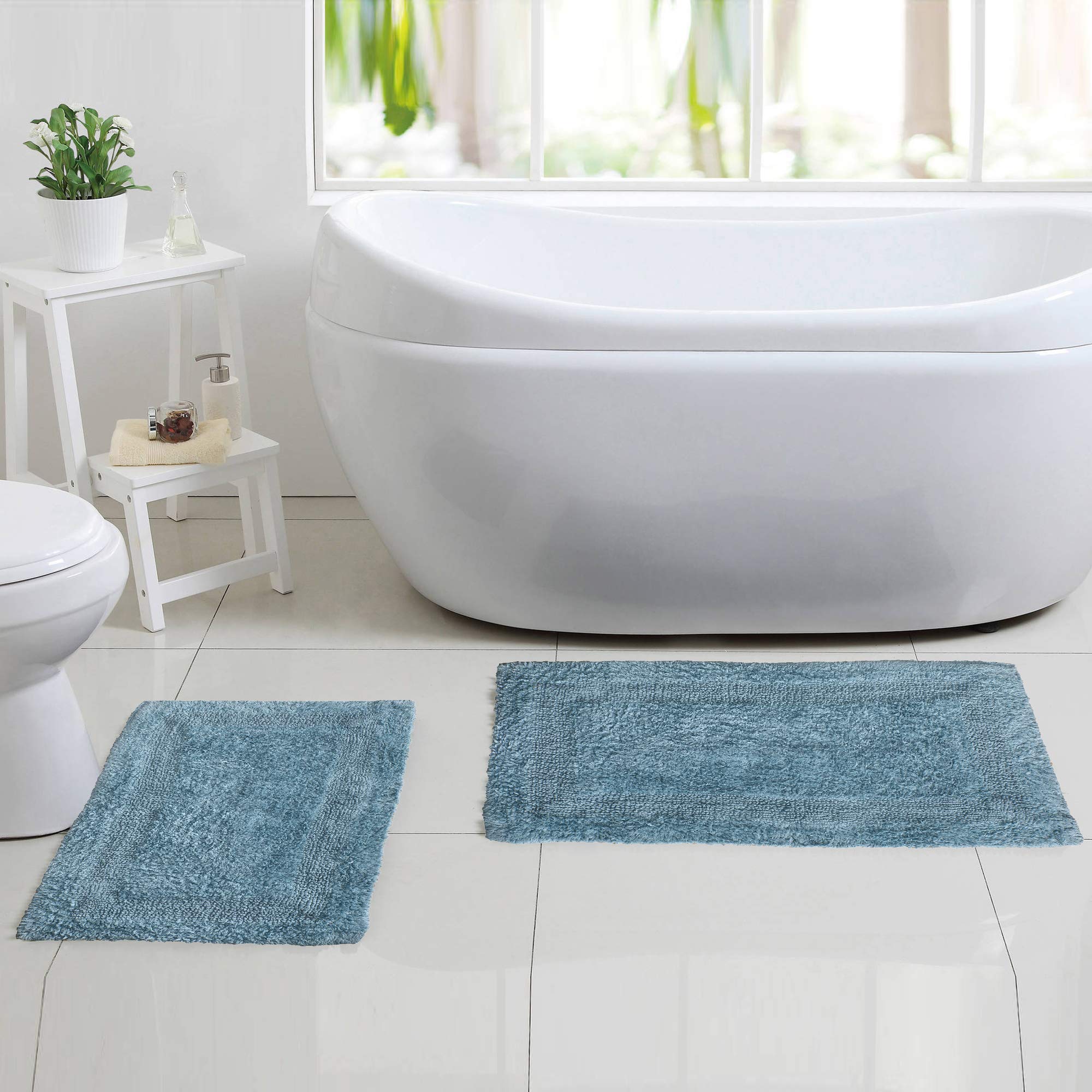 NatureMark Set di 2 Tappeti da Bagno 50x80 cm – Cotone Spugna 800 g/m² – Tappeti Bagno Spessi e Altamente Assorbenti – Asciugatura Rapida – Senza Base in Gomma – Blu Reale