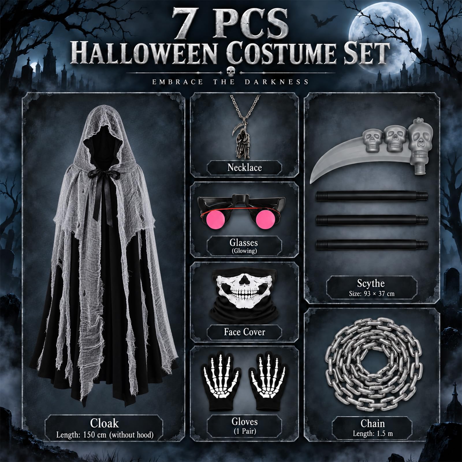 Costume Halloween Bambino Adulti Unisex Vestito Mietitore Pauroso con Falce, Teschio Maschera, Occhiali Luminosi e Guanti Scheletro Capo Nero Grigio con Cappuccio per Cosplay Halloween Carnevale