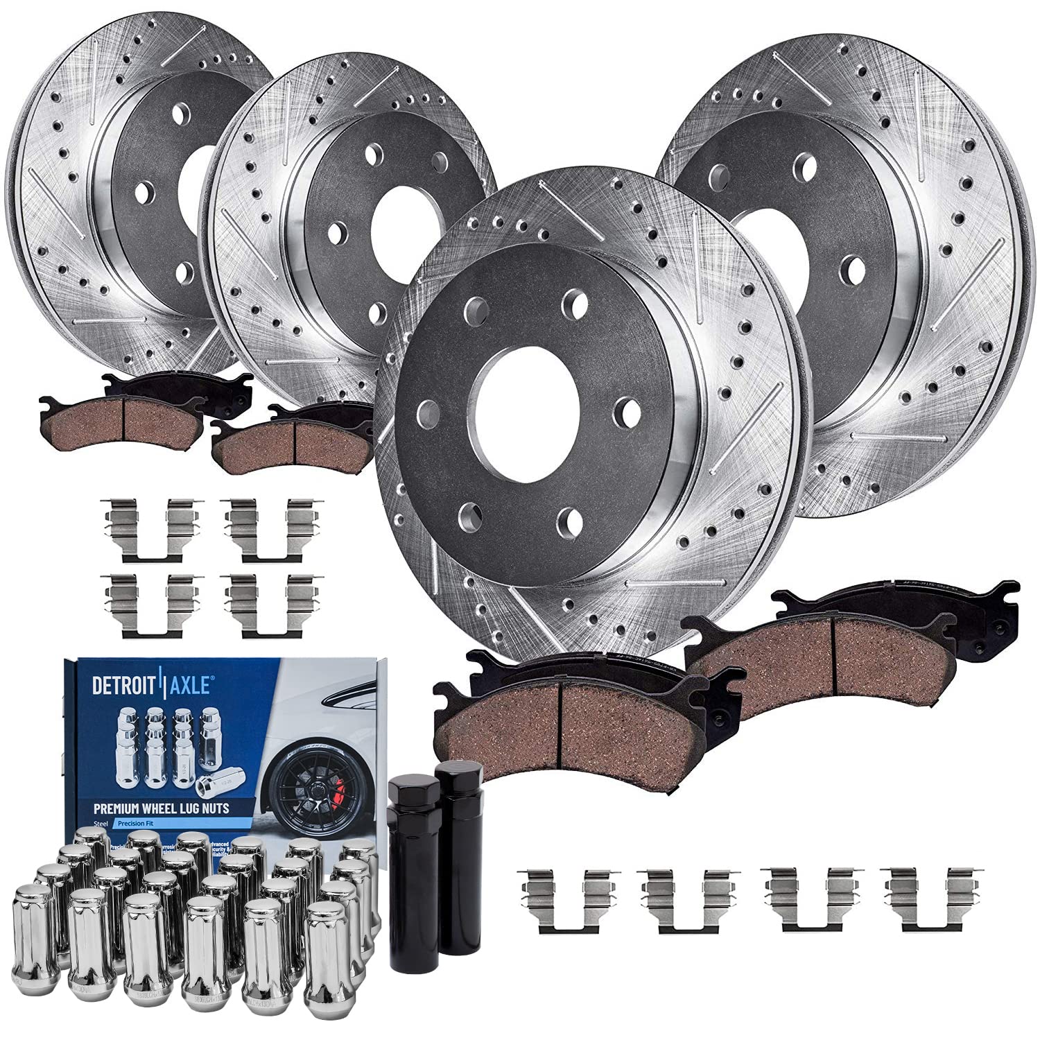 Detroit Axle - 6 Lug Brake Kit for Chevy GMC Silverado Sierra 1500 Tahoe | 12'' inch Front &amp; 12.78'' inch Rear Drilled Slotted Brake Rotors Ceramic Brake Pads Wheel Lug Nuts Socket Keys Replacement