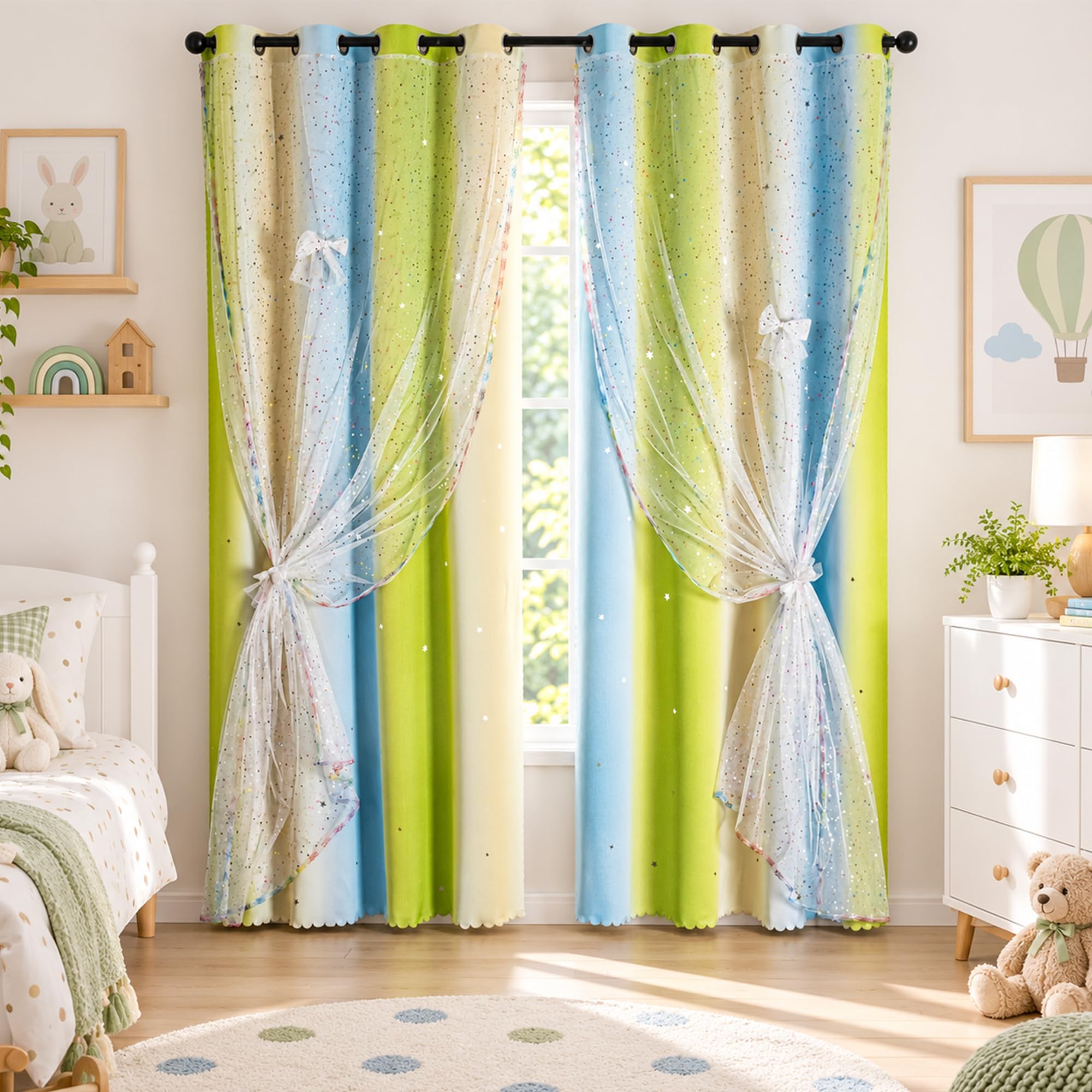 52x108 Mix & Match Double Layer Laser-Cut Stars Gradient Blackout Curtains with Foil Print Sheer, 2 Panels Set - Green Yellow Blue