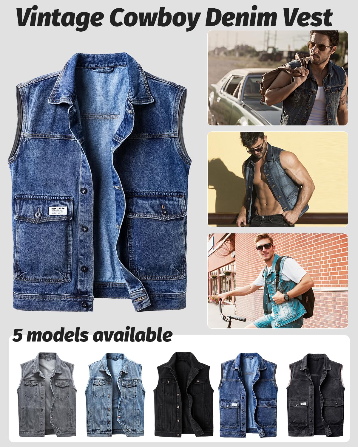 Homme Gilet en Jean Veste Courte sans Manches en Jean Vintage Sans Manches Veste à la Mode Motard Décontractée Denim Manteau de Moto