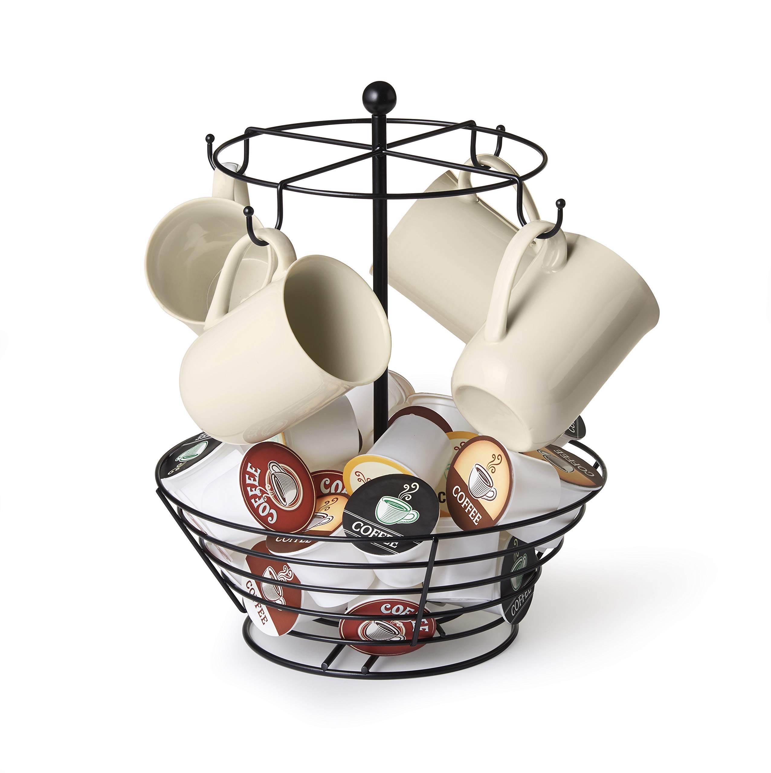 Nifty Coffee Pod & Mug Carousel – Holds 4 Cups, Capsule Storage, Spins 360-Degrees, Lazy Susan Platform, Modern Black Steel, Home or Office Kitchen Counter Organizer
