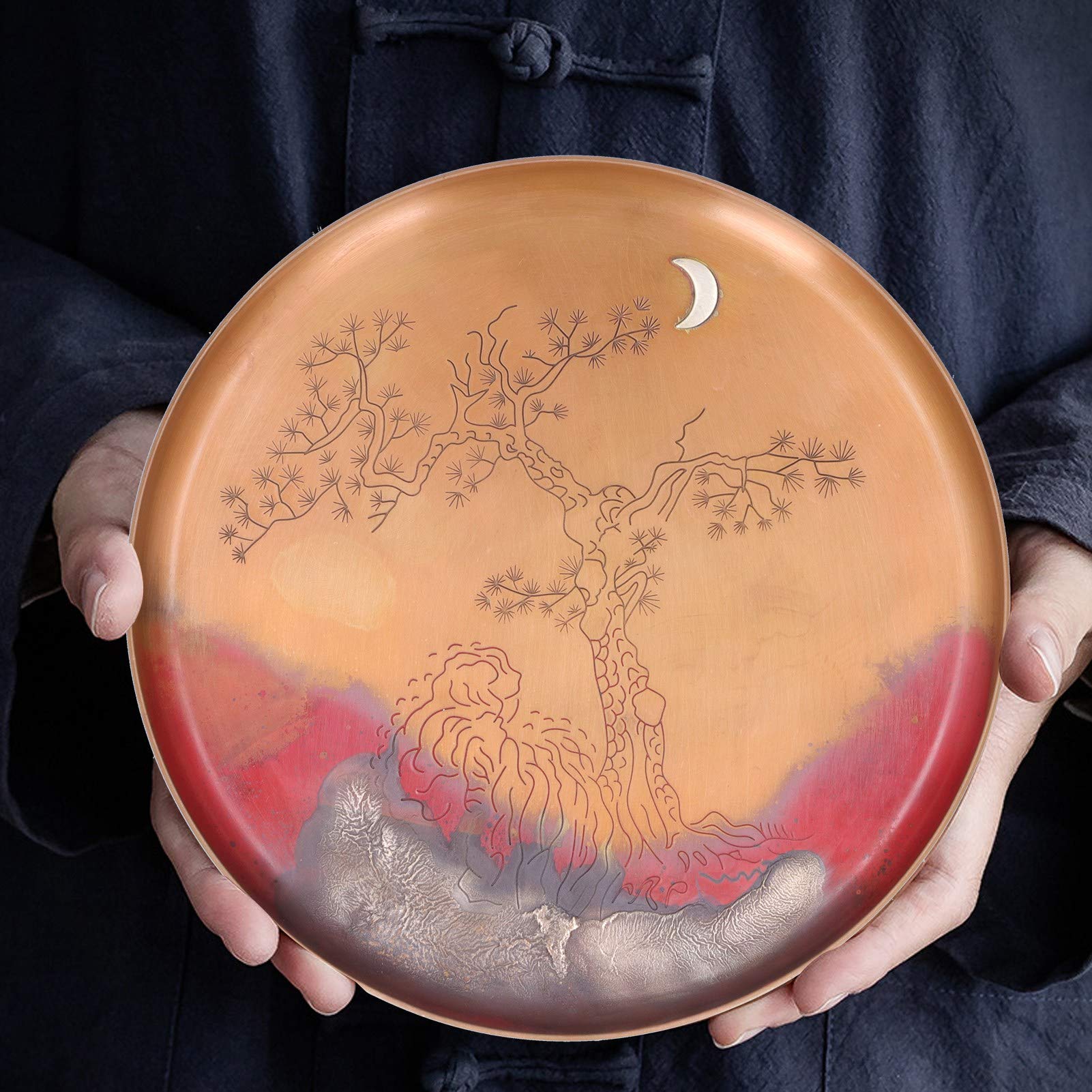 Bandeja de té con Almohadillas Antideslizantes para los Pies, Elegante Plato Redondo para la Ceremonia del té Tradicional de Kung Fu, Hecho de Cobre Rojo Duradero, 19 Cm de Diámetro