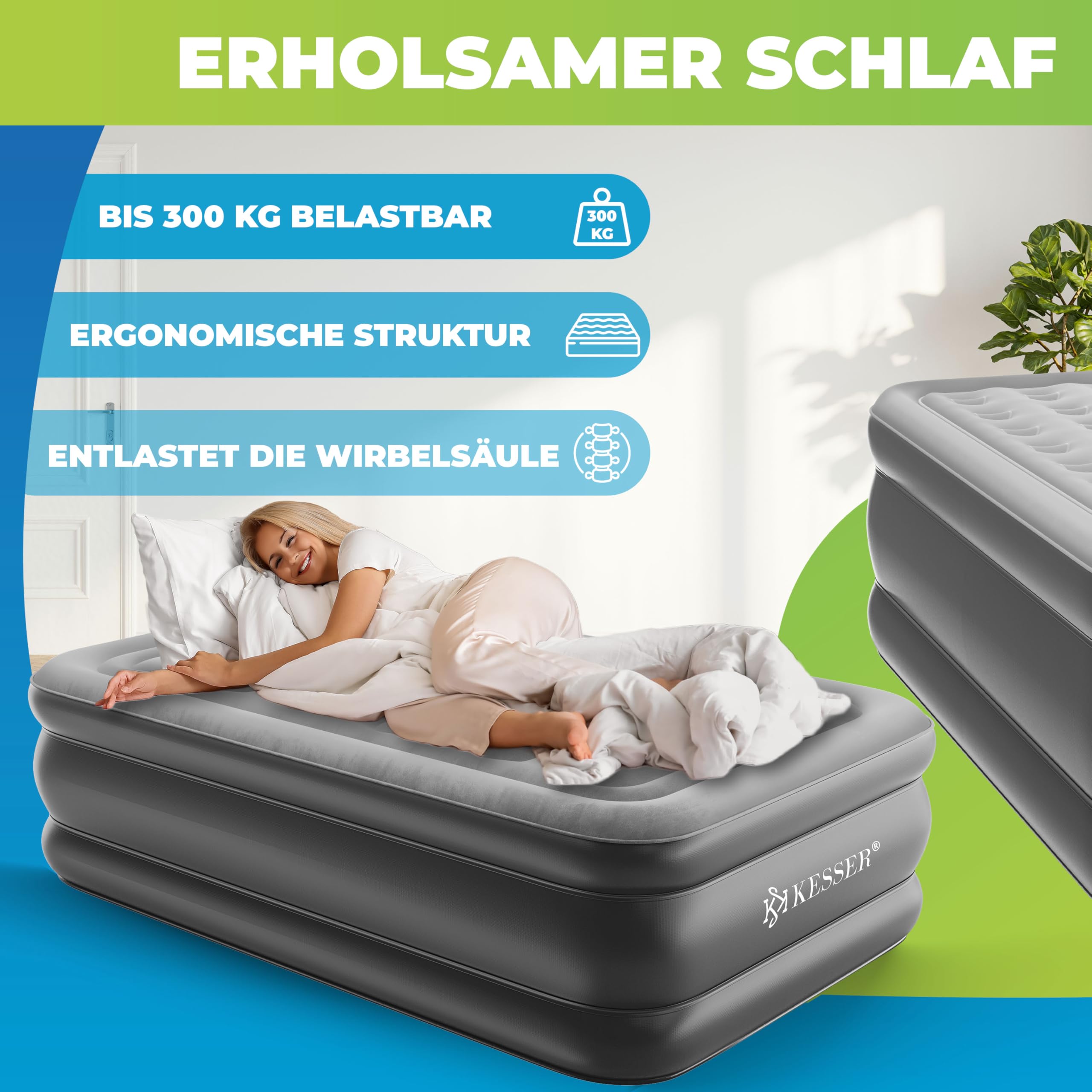 KESSER Nadmuchiwany materac dmuchany, samopompujące łóżko dla gości z wbudowaną pompką elektryczną, materac dmuchany na kemping lub do użytku domowego, z torbą, odpowiedni dla 1 osoby – 203 x 95 x 51