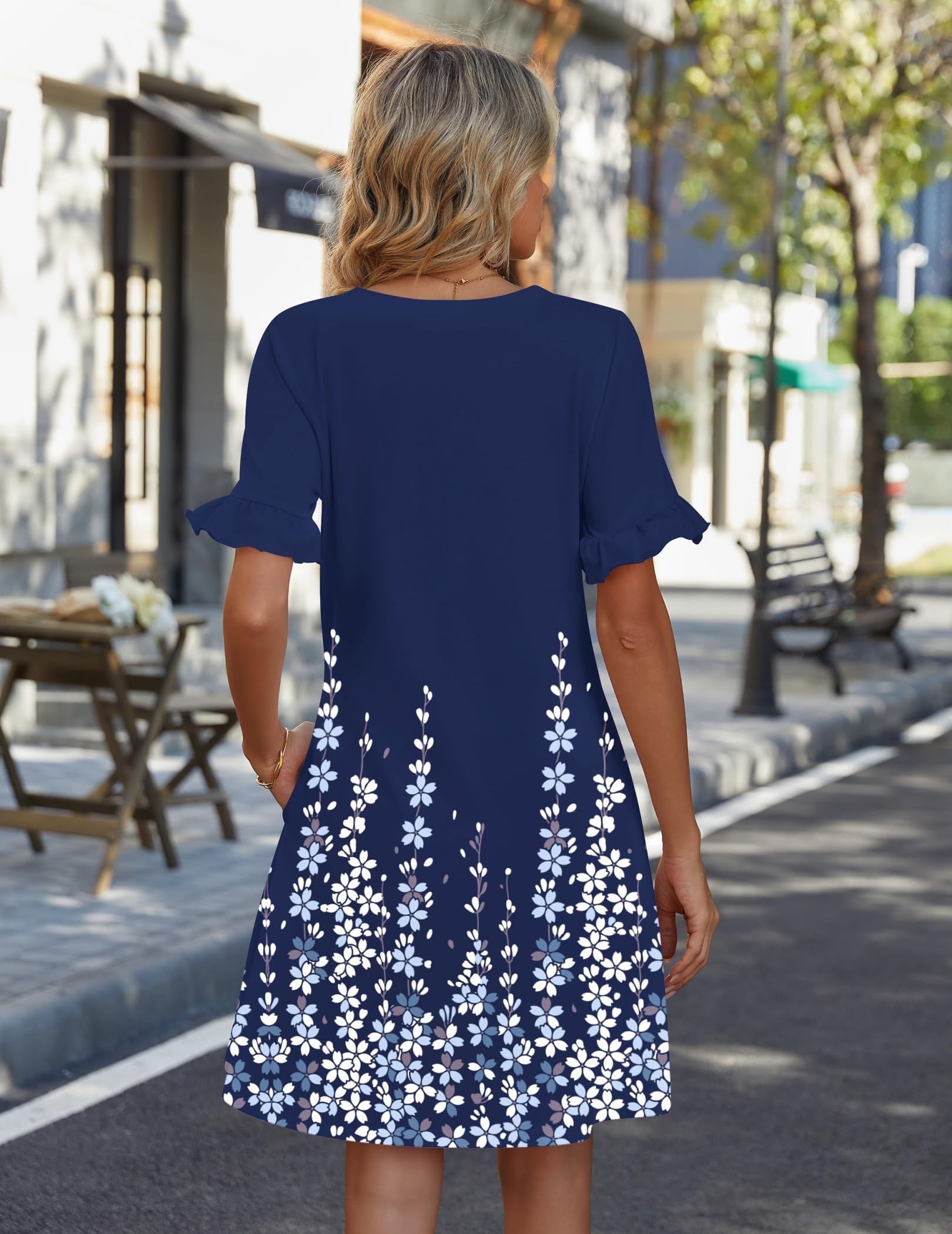 Zeagoo Abito da donna con scollo a V, a maniche corte, con volant, casual, estivo, a trapezio, da spiaggia, con tasche, S-XXL