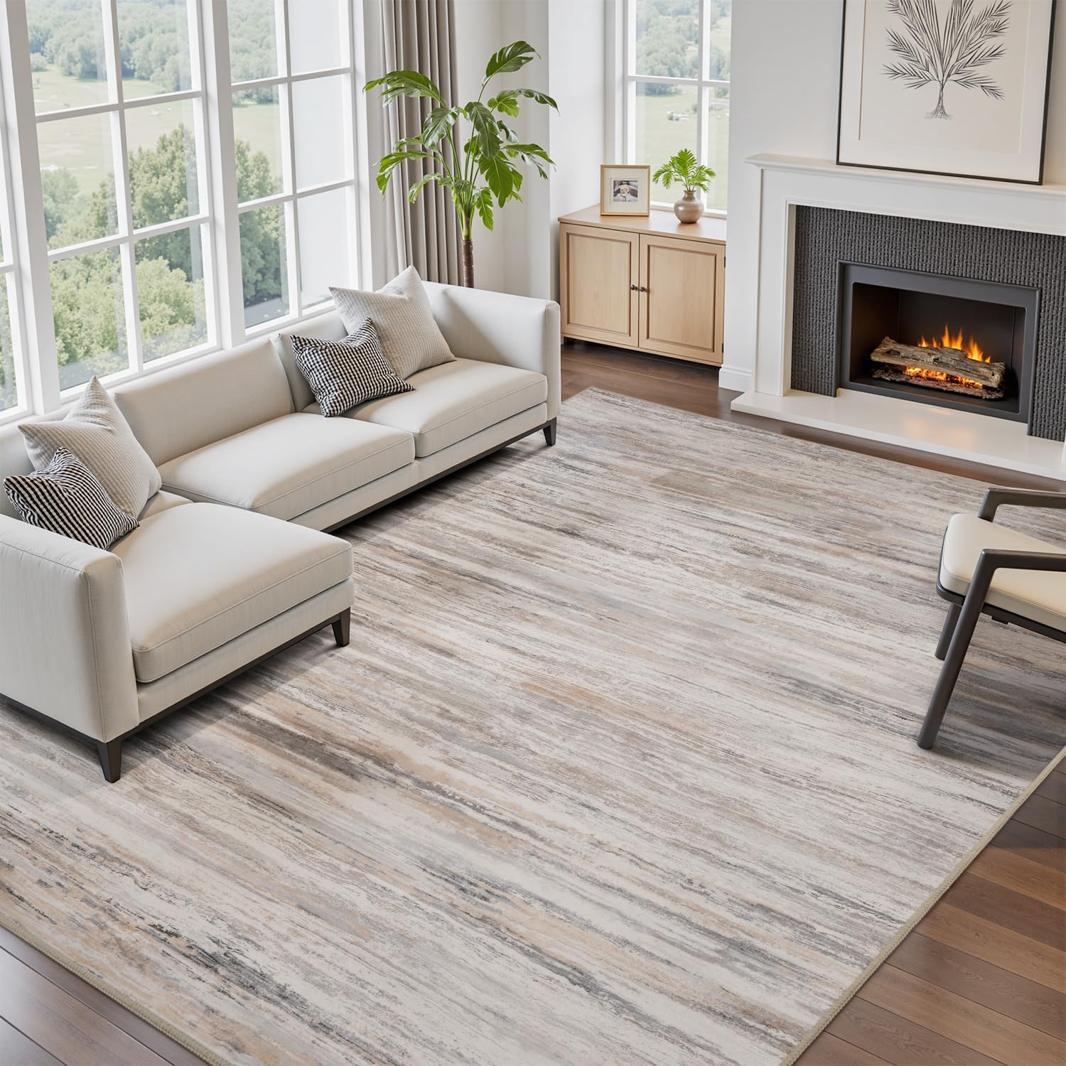 Abstract Area Rug for Living Room Carpet for Bedroom Dining Office Room Mat Waves Pattern Grey & Beige 6X9 FT