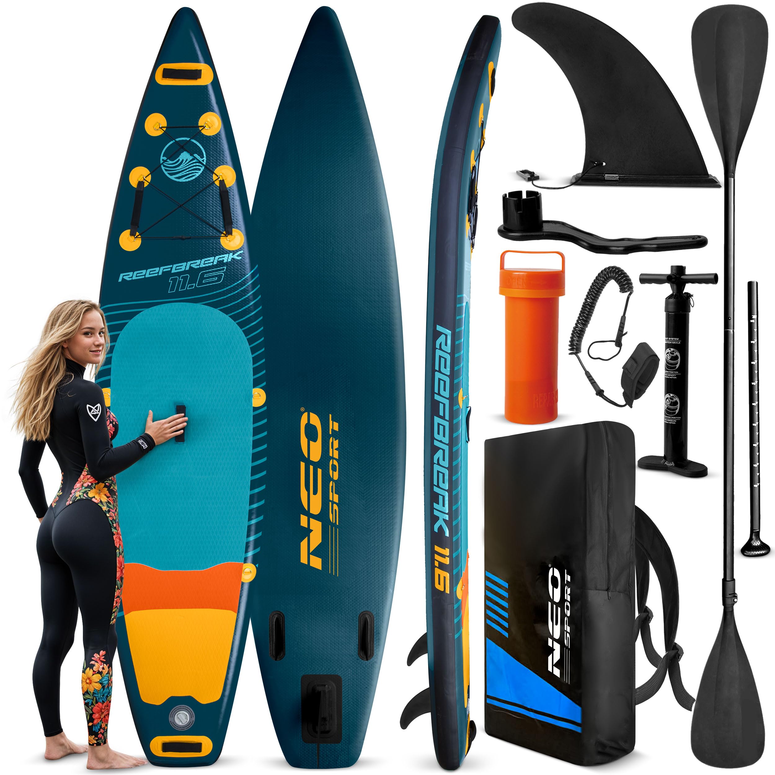 Neo-Sport Stand Up Paddling Board Reefbreak 11.6 - Allround SUP Board Set für Touren und Freizeit - 350 x 81 x 15 cm - bis 150 kg - mit Paddel, Pumpe, Leash und Rucksack