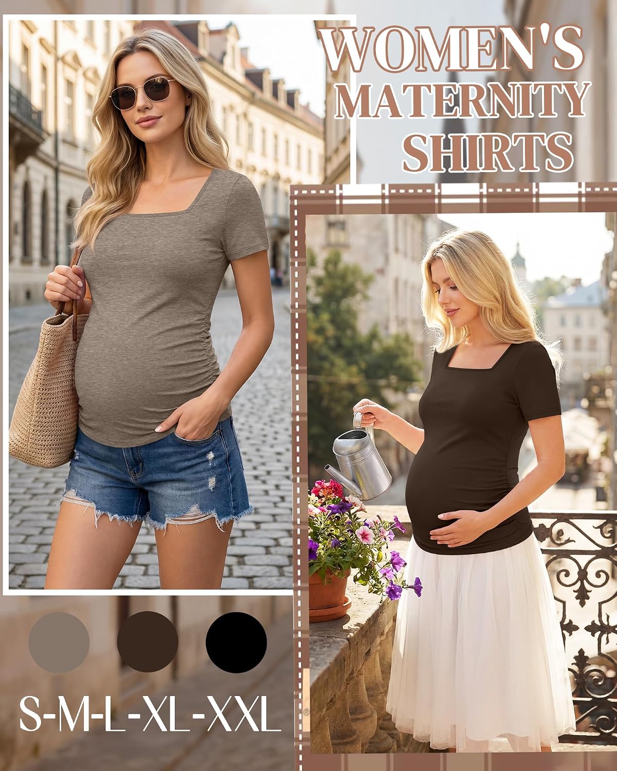 3 Pack Women's Maternity Shirts Square Neck Side Ruched Short Sleeve Maternity Tops Casual Knitted Pregnancy Tees