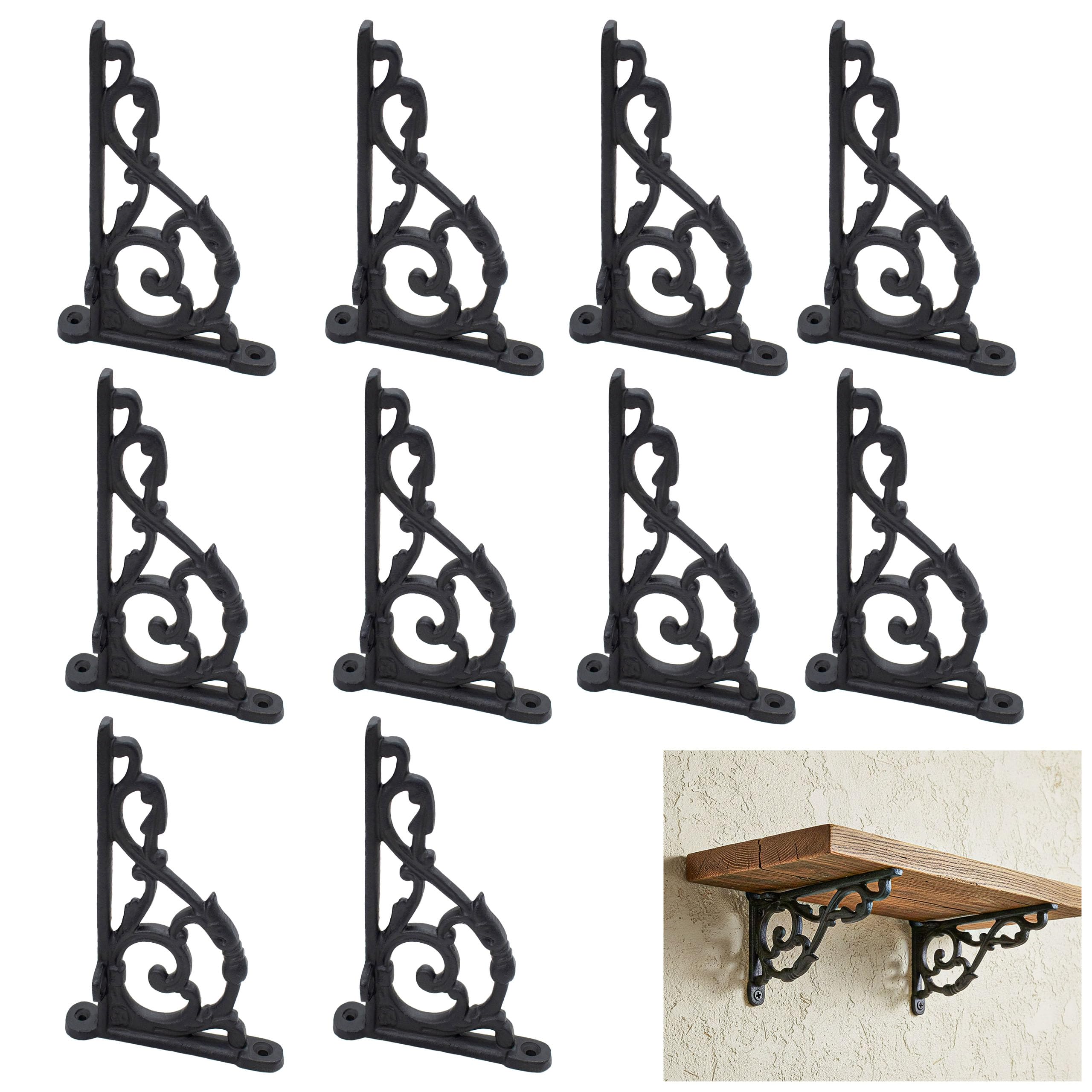 Mystic Colonial Heavy Duty Shelf Brackets – Set of 2, Decorative Wall Mount Metal Braces for Wood Shelves, Support, Black Finish (Pack of 10 Rustic Heavy Duty Wall Brackets – 12”)