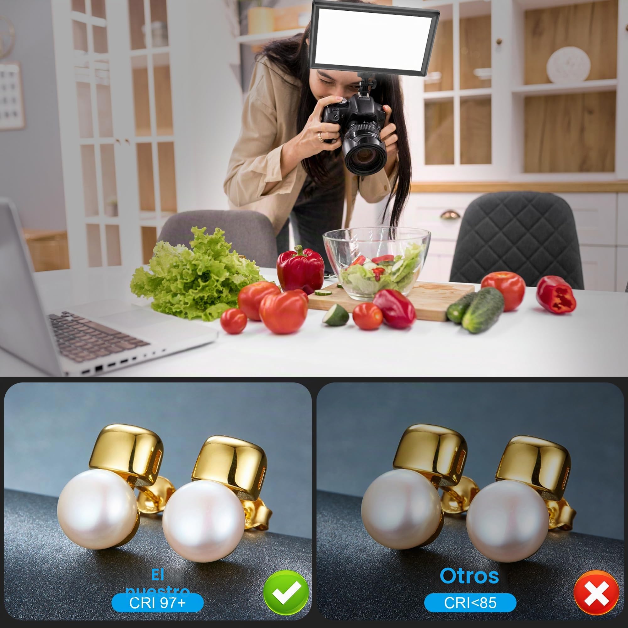 Luz LED Video 9", Bonvvie 3000-6500K Iluminación de Foto para Estudio y Fotografía al Aire Libre, Vlog, Videoconferencia, Transmisión en Vivo, CRI 97+ Bicolor Luz de Cámara con Batería Li-Ion 5000mAh