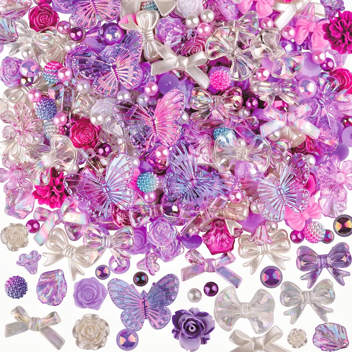 350 Pieces 3D Resin ABS Colorful Rose Flower Bows Butterfly Charms with Flatback Half Round Pearl Beads for Bracelet Earring Necklace Craft DIY Making Supplies