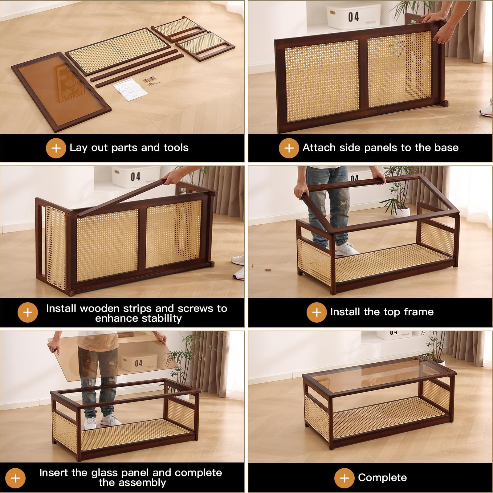 Mesas de centro de ratán para sala de estar, moderna mesa de centro de 2 niveles, mesa de centro rectangular de mediados de siglo con estante de almacenamiento y parte superior de vidrio, mesa 6
