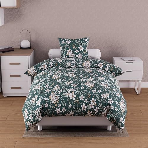 Parure Housse de Couette Coton 57 Fils 140x200 cm Manon Vert Soleil d'ocre