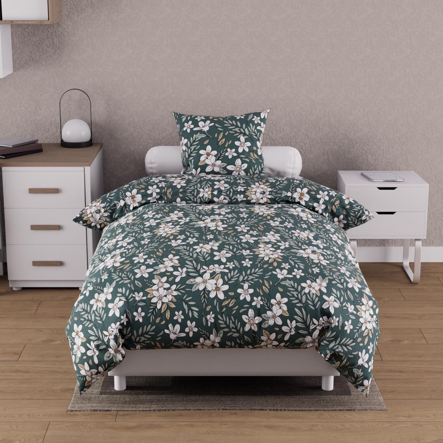 Housse de couette 140x200 cm coton Soleil d'ocre Manon vert pour lit 1 personne