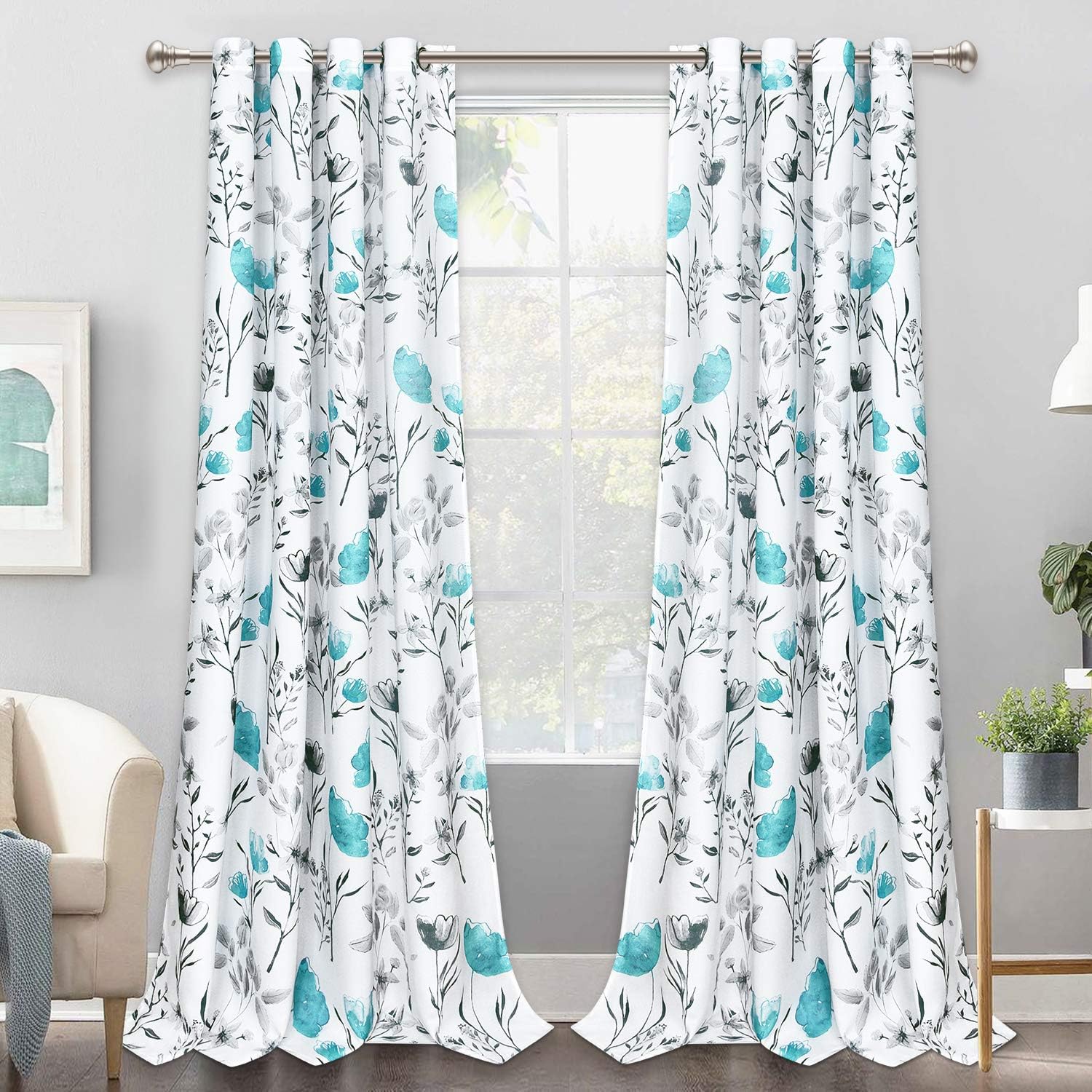Likiyol Floral Curtains Watercolor Flower Leaves Window Curtains,Teal and Gray Floral Drapes Grommet Window Drapes for Bedroom Living Room Kitchen Bathroom Nursery (52 x 96 Inch, 2 Panels)