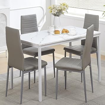 5-Pieces Dining Room Set for 4 Marbled Dining Table with Chairs Retangular Kitchen Table and Chairs for Home Kitchen,Dinette and Restaurant Small Space White/Could Gray, 5 Pieces Set