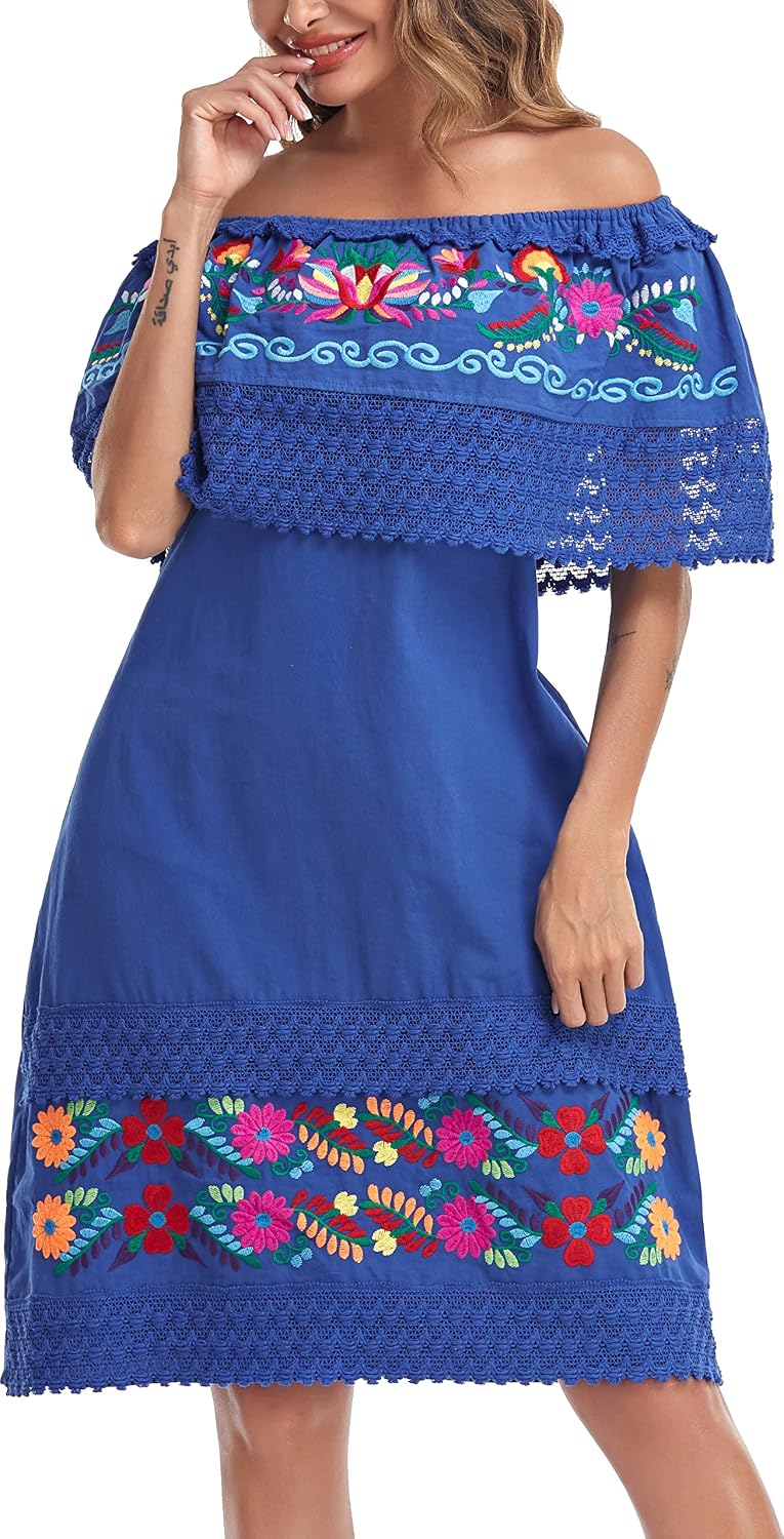 Women's 2024 Embroidered Summer Dress Lace Casual Ruffle Off-Shoulder Sleeveless Dress Boho Flowy Dress