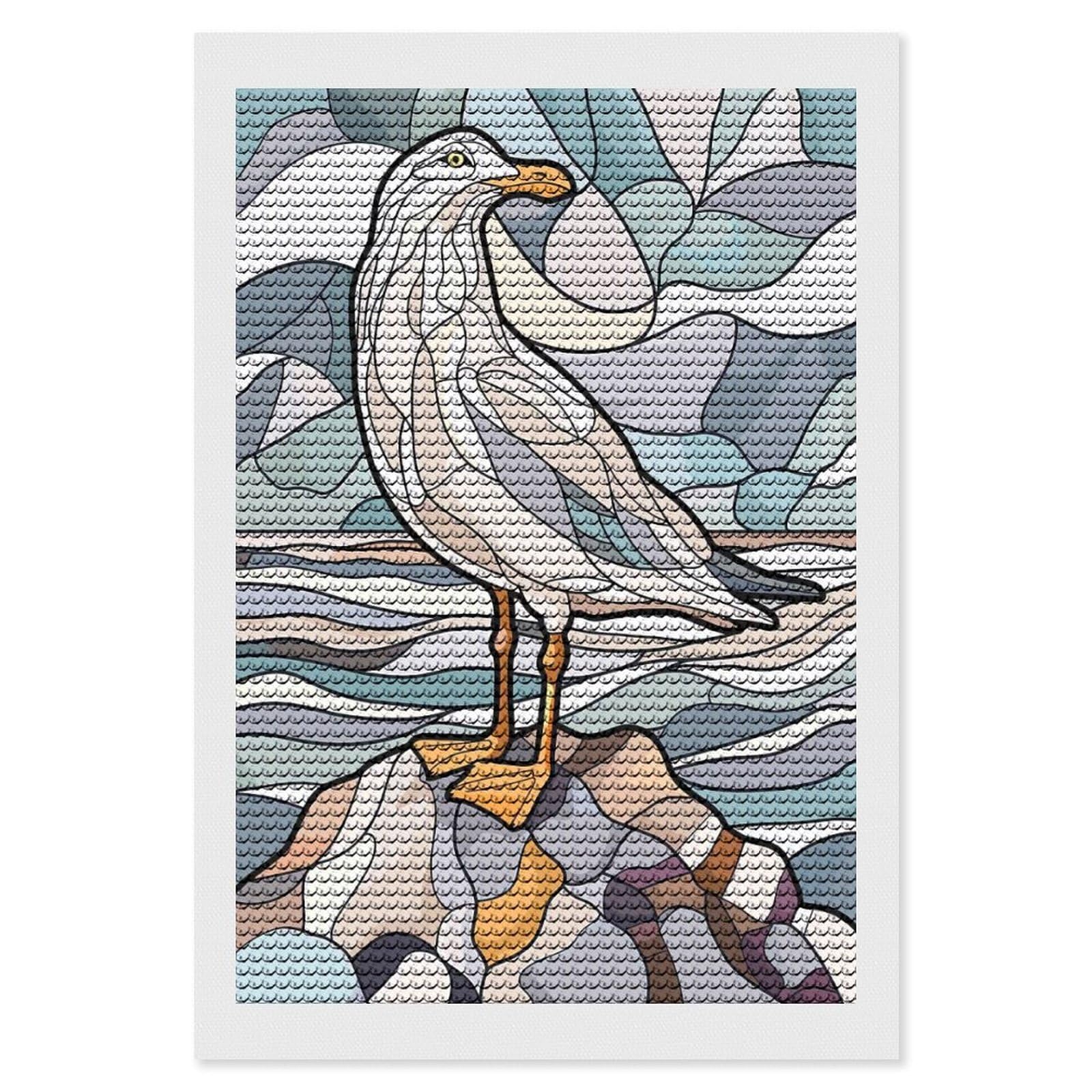 Junmoney Stained Glass Seagull on Rock Diamond Painting Canvas Set 8"x12", for Women, Mindful Craft Activity, Cosy Home Accent, Festive Craft Gift