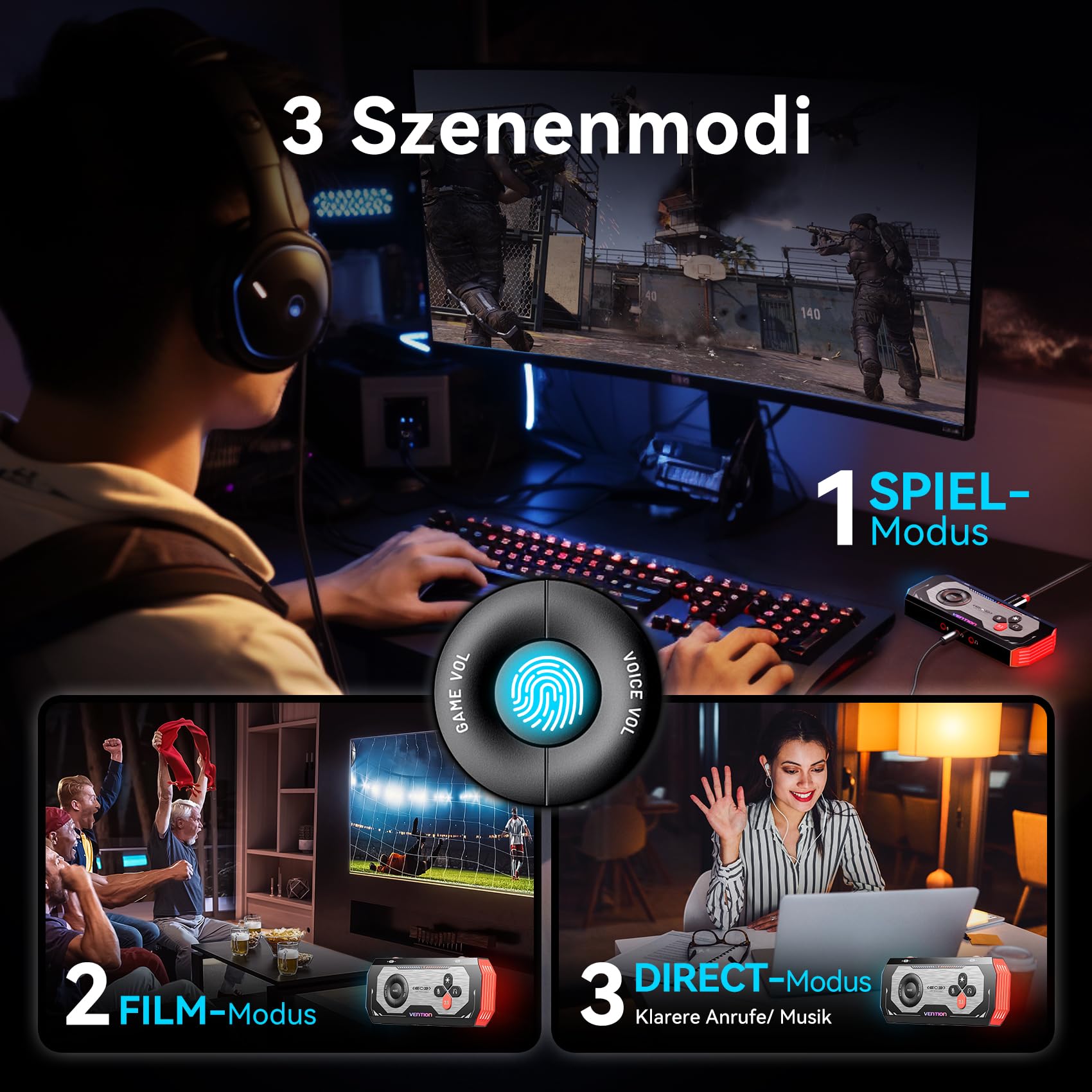 VENTION USB 7.1 Soundkarte Extern Gaming-DAC, 7.1 Virtual Surround Sound, 24bit/192KHz, RGB Light System, Gaming Audio Verstärker Kompatibel mit PS5, PS4, Xbox One, Switch, PC, Headset