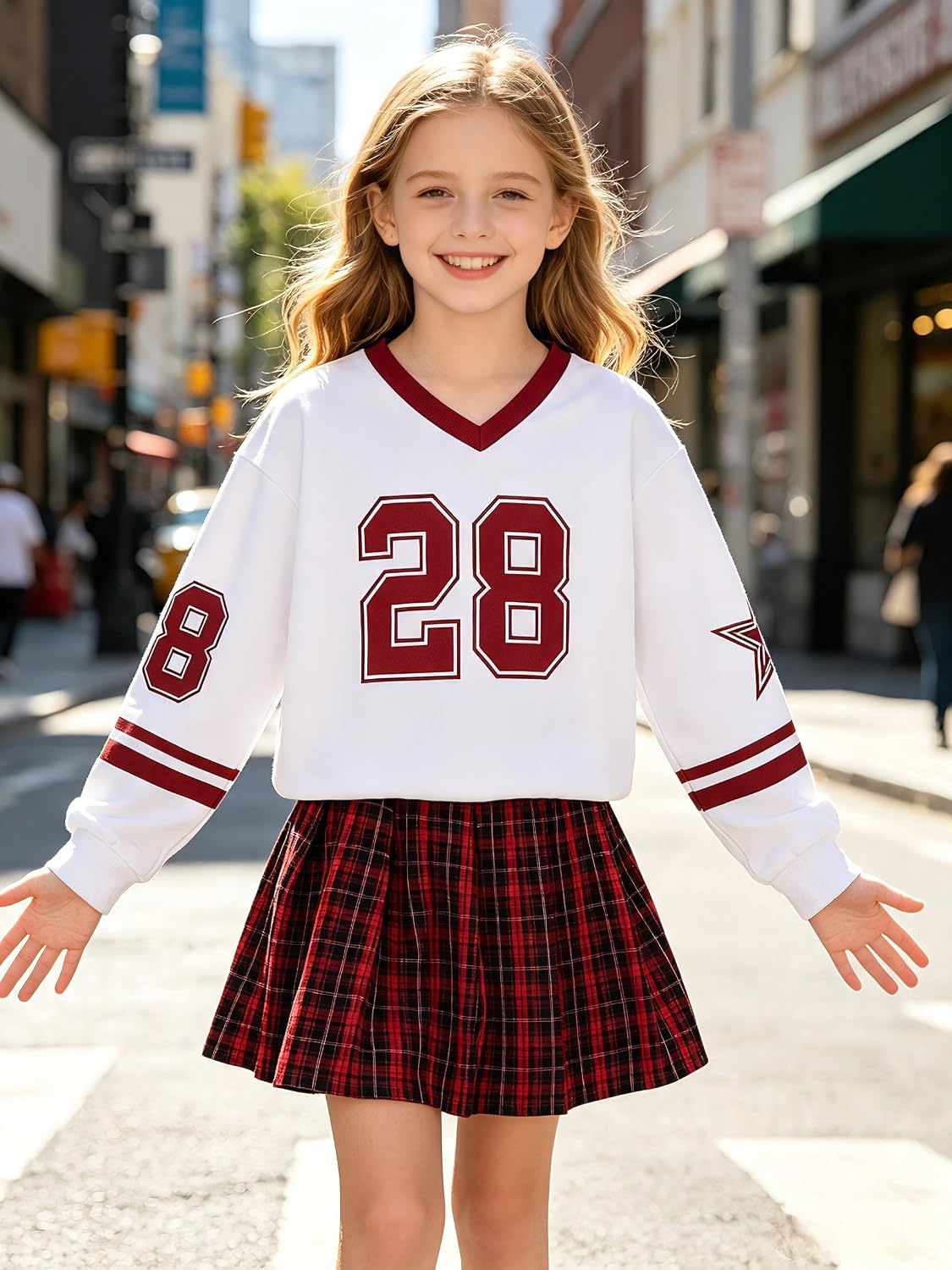 KIDLAGA Girl Skirt Sets 2 Piece Outfits V Neck Sweatshirt Plaid Mini Skirt Shorts Fall Winter Clothes 7-14Y image 2