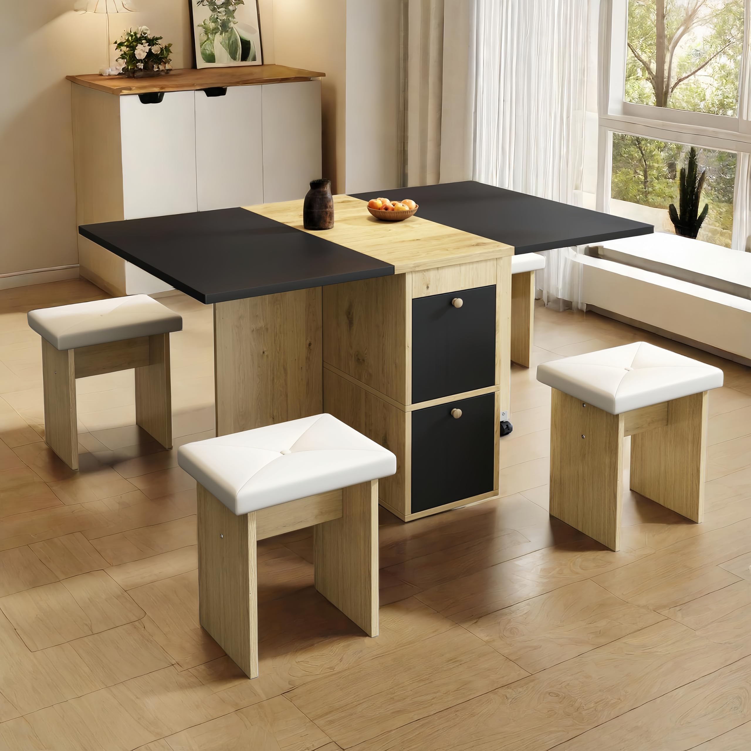 Sapgaks Table de salle à manger extensible 120 x 80 cm avec 4 chaises, pliable, en bois véritable, chêne
