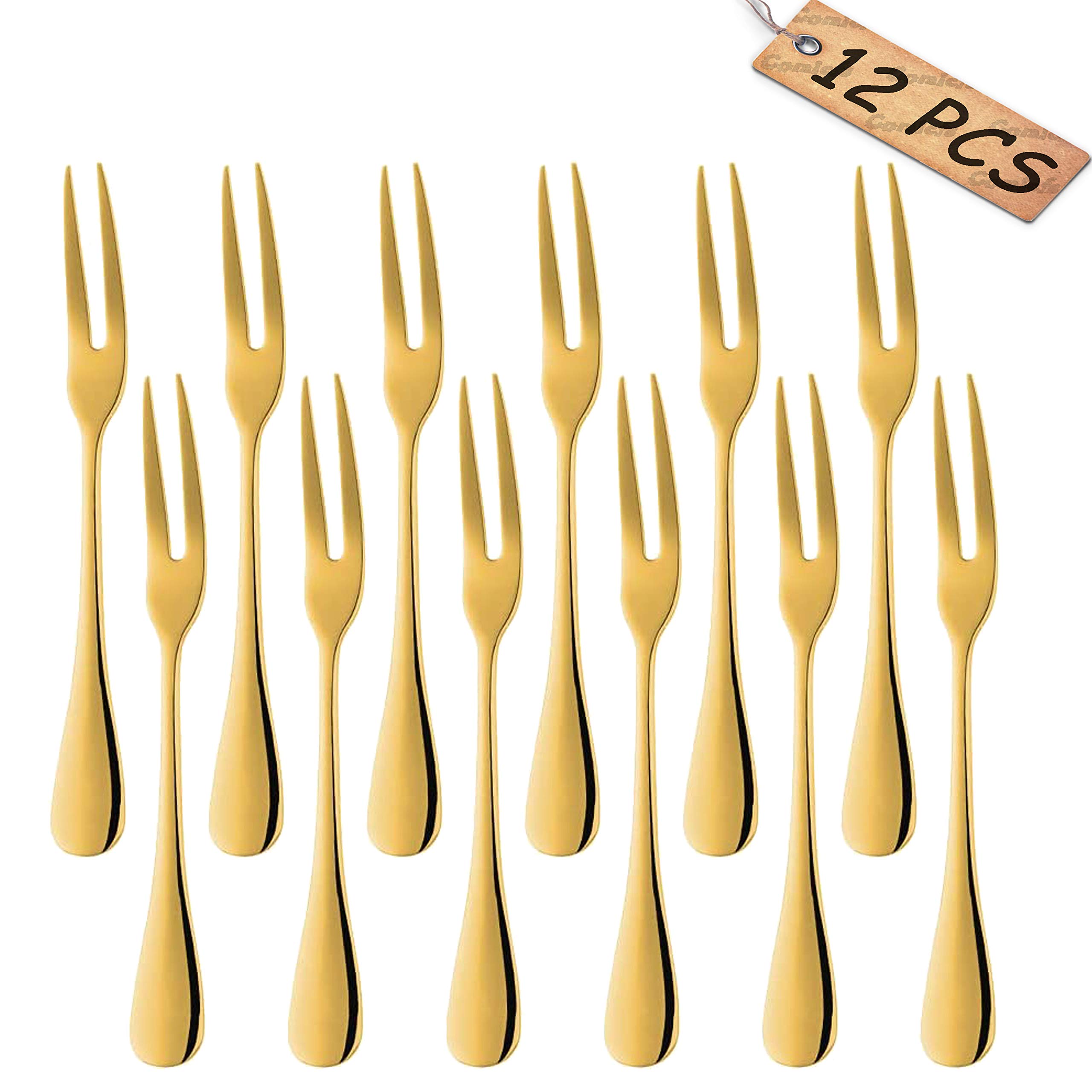 Comicfs 12-Piece Stainless Steel Forks, 5.3 Inches, Seafood Crab Forks Escargot Fork 2 Prong Tasting Appetizer Fork Dessert Cocktail Salad Fruit Fork for Party Travel (Gold)