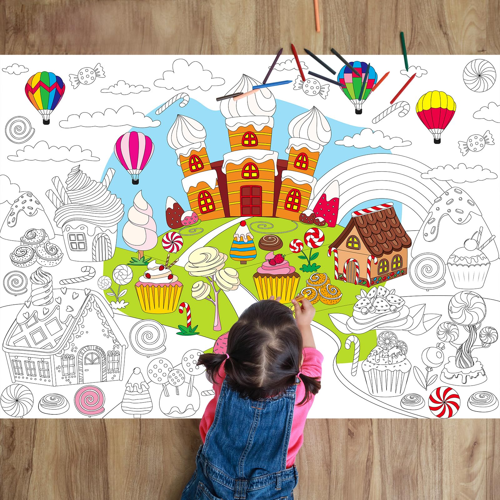 Candyland Coloring Poster for Kids Giant Coloring Poster Large Cartoon Rainbow Lollipop Coloring Tablecloth Jumbo Coloring Books for kids Classroom Home Birthday Party Supplies Favor