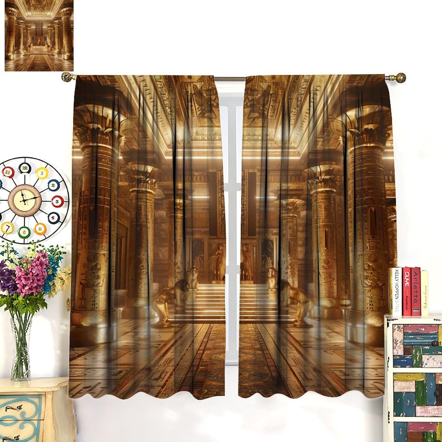 Ancient Egyptian Building Blackout Curtains for Bedroom Living Room, Golden Glam Palace Retro Thermal Insulated Room Darkening Curtain - 42" W x 45" L
