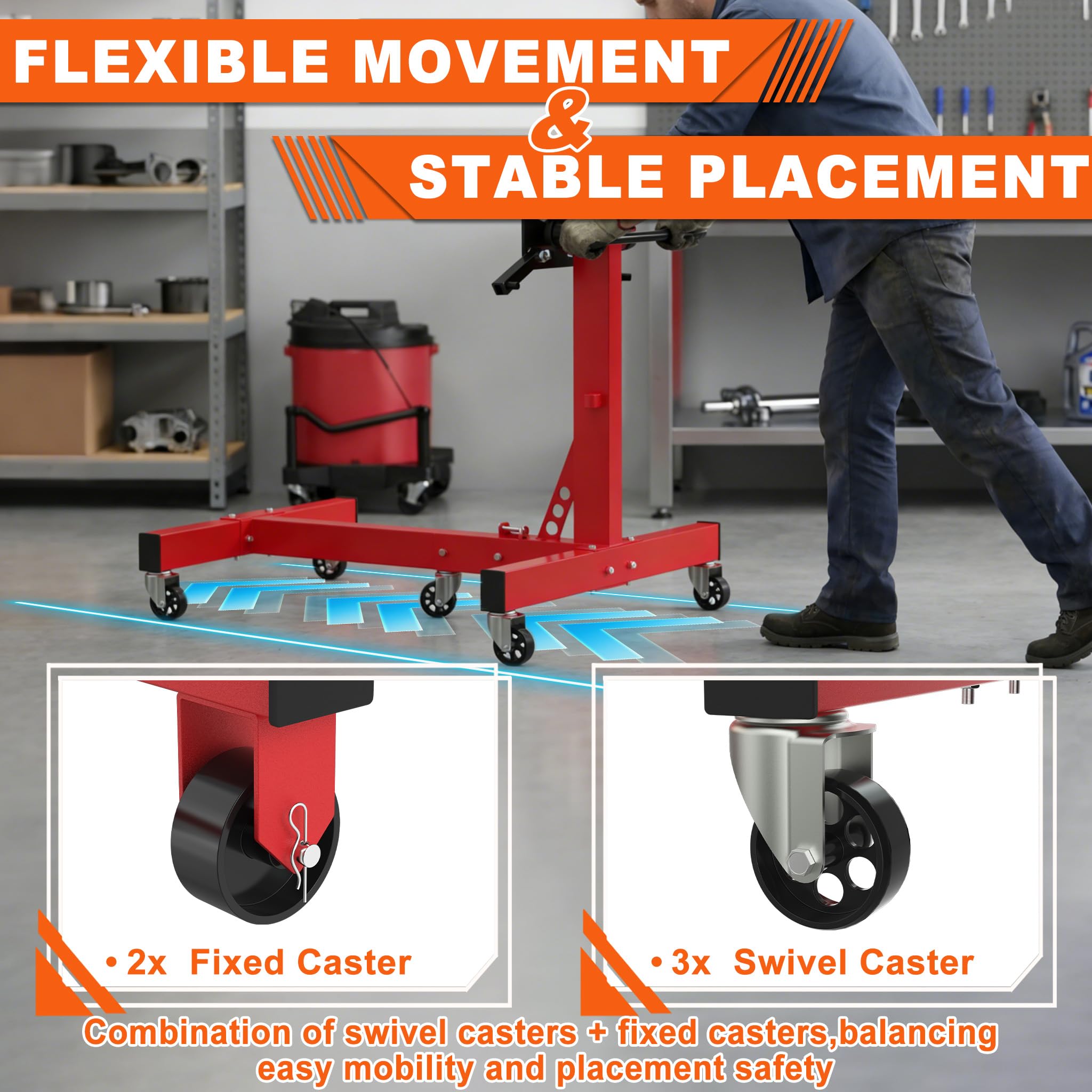 UISEBRT Béquille de moteur de voiture jusqu'à 680 kg, pliable, avec tête pivotante à 360° et 4 bras réglables, support de moteur avec 5 roulettes et poignée antidérapante pour garages et ateliers
