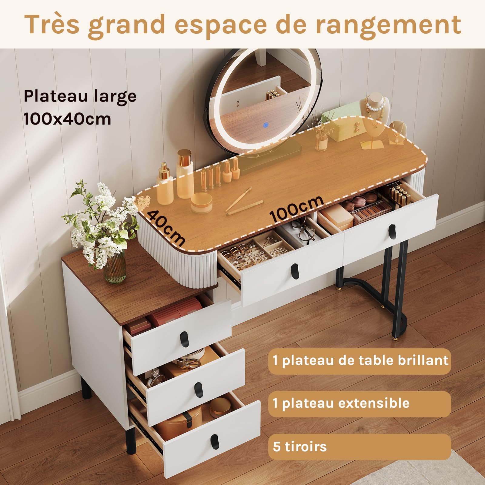 WOLTU Coiffeuse avec Miroir LED Réglable, 3 Couleurs, Table de Maquillage avec 5 Tiroirs de Rangement, Coiffeuse Moderne, 2-en-1 Bureau pour Chambre, 100x40 cm, en Bois et Métal, Marron + Blanc + Noir