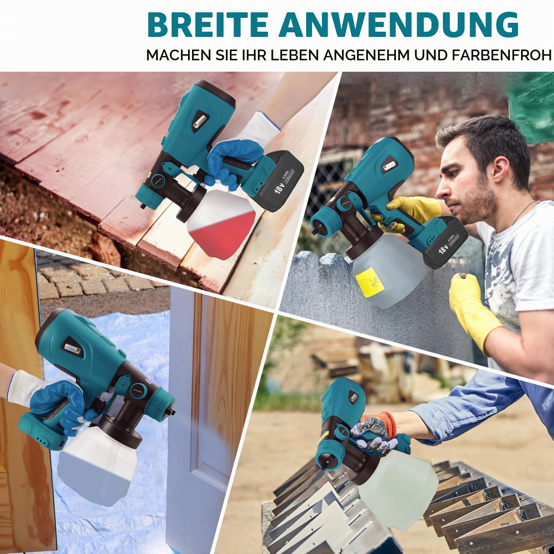 VAYALT Farbsprühsystem Elektrisch mit Makita-18V-Akkus,Aktualisiert Farbsprühgerät mit 4 Düsen,3 Spritzmuster und 1000 ML Farbbehälter,Akku Farbsprühsystem mit Verstellbarem Farbfluss (Keine Batterie)