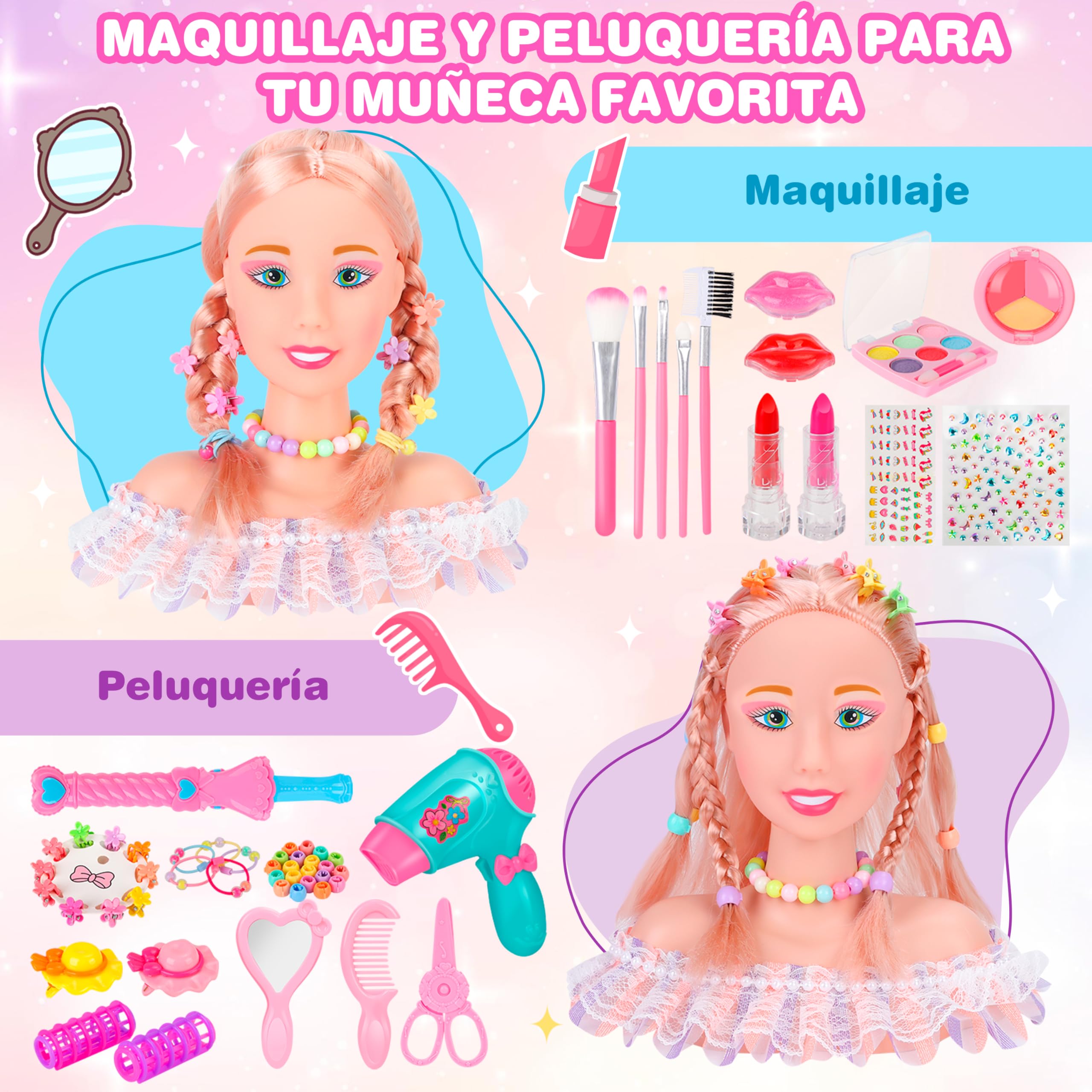 MOMOSTAR Cabeza Muñeca para Peinar y Maquillar, 58 Piezas Cabeza de Peluquería para Niños con Accesorios, Busto Muñeca Peinar y Maquillar para niña 3 4 5 6 Años Regalos Cumpleaños Navidad
