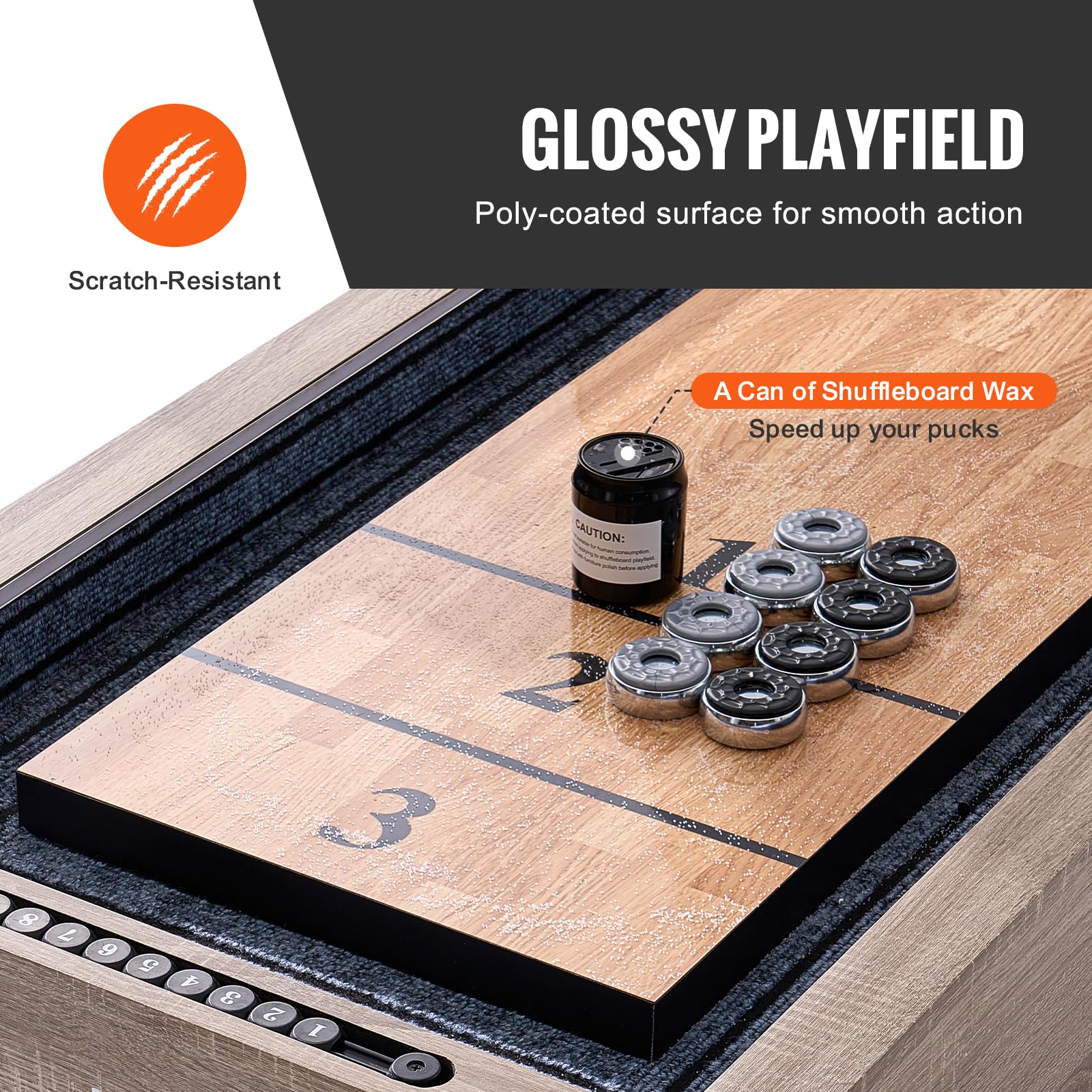 VEVOR 274,5 cm stół do shuffleboardingu z diodą LED, 2 w 1 stół do gry w kufle i kręgle, zestaw do shuffleboardingu, z odpornym na zarysowania placem zabaw i 8 kloszami, dla przyjaciół rodziny