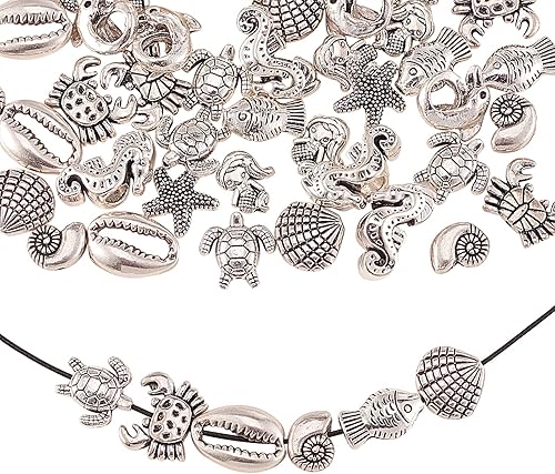 LiQunSweet 50 cuentas temáticas marinas de 10 estilos, conchas de aleación de metal, conchas, peces de mar, tortugas, sirenas, delfines, caballitos