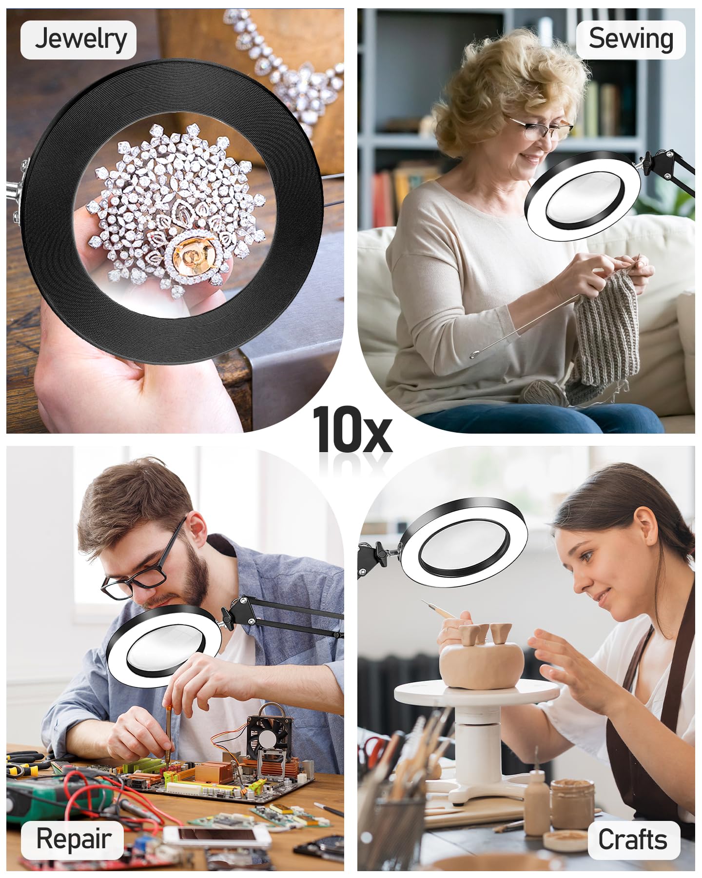 TANYO 10X Lampada con Lente di Ingrandimento, 72 LED, 3 Colori 10 Livelli Luminosità