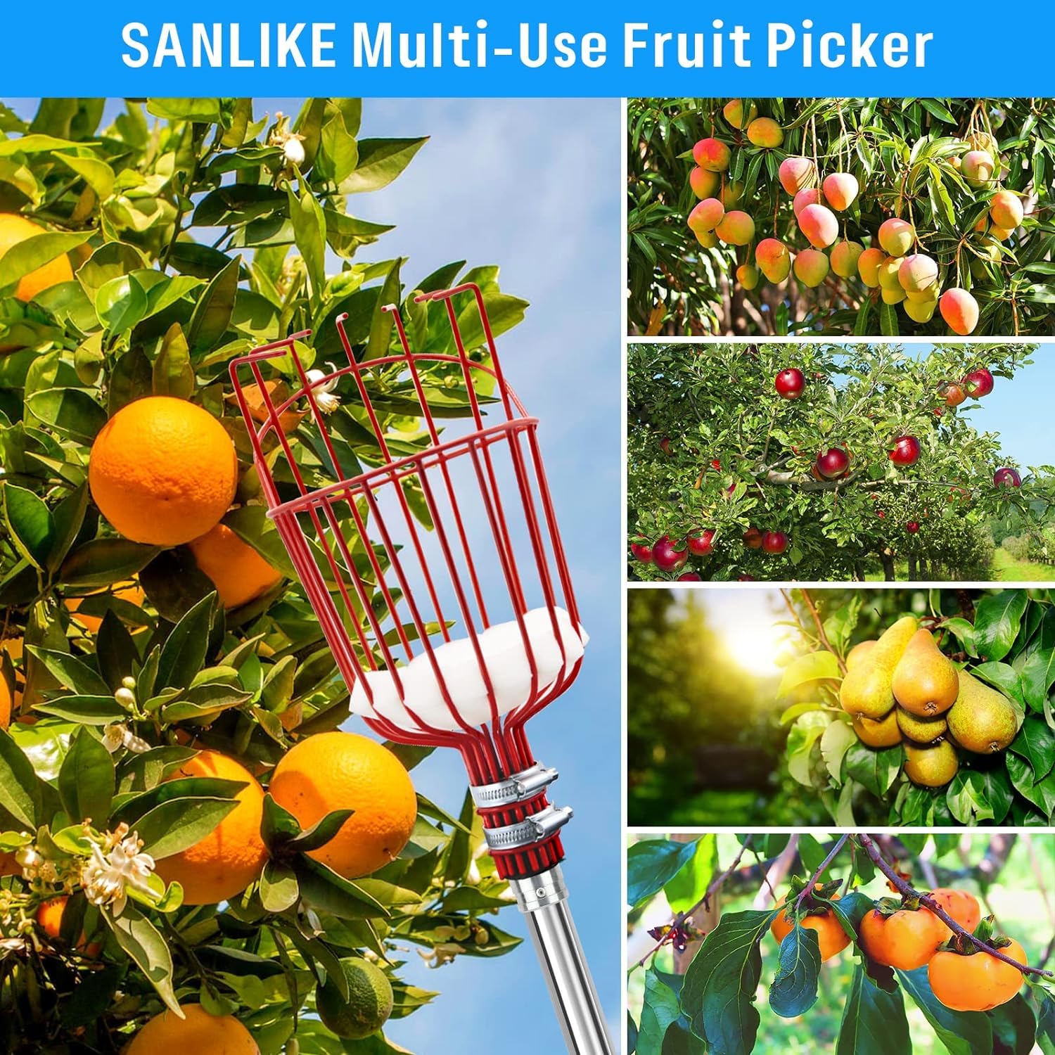 SAN LIKE Recoge Frutas Telescopico 4M, Recogedor de Frutas, Recolector de Frutas, Palo para Recoger Manzanas, Peras, Duraznos, Aaguacate, Frutas Herramientas Recolectoras 4 Metros de Largo