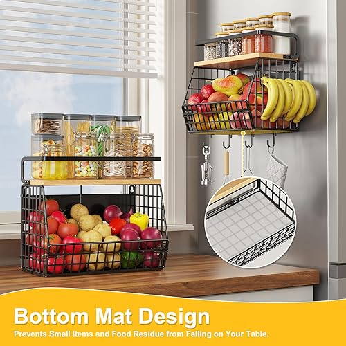 Miniatura 2 de Estante magnético para refrigerador con tapa de madera, organizadores de almacenamiento de cebollas y papas, cesta colgante de pared con 4 ganchos,