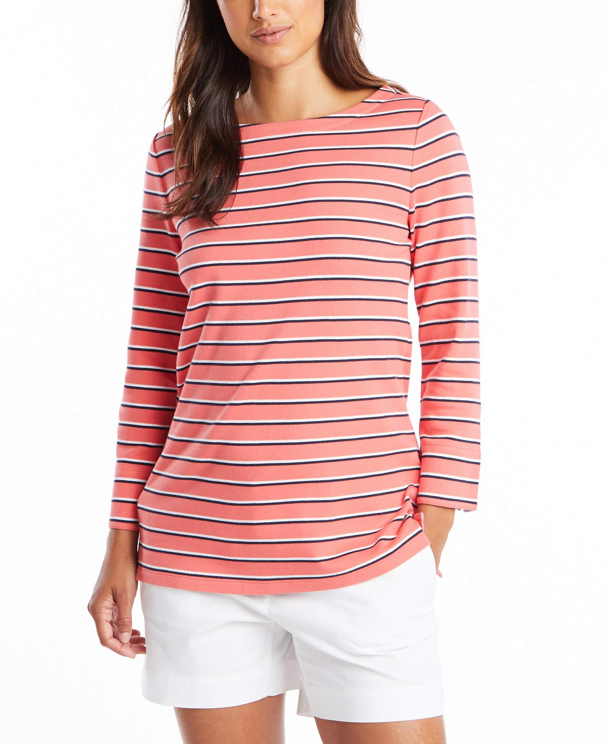 Nautica Women's Boatneck 3/4 Sleeve 100% Cotton Shirt, Dreamy Coral, Medium