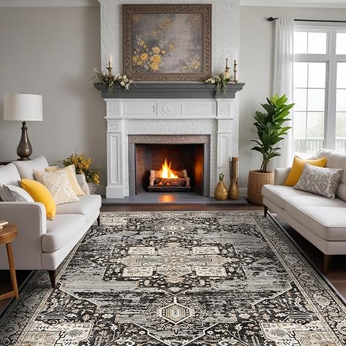 RUUGME Washable 8x10 Area Rugs - Large Rugs for Living Room Stain Resistant Carpet Vintage Rugs for Bedroom with Non Slip Backing Home Decor Floor Decoration Mat (8x10 Black)