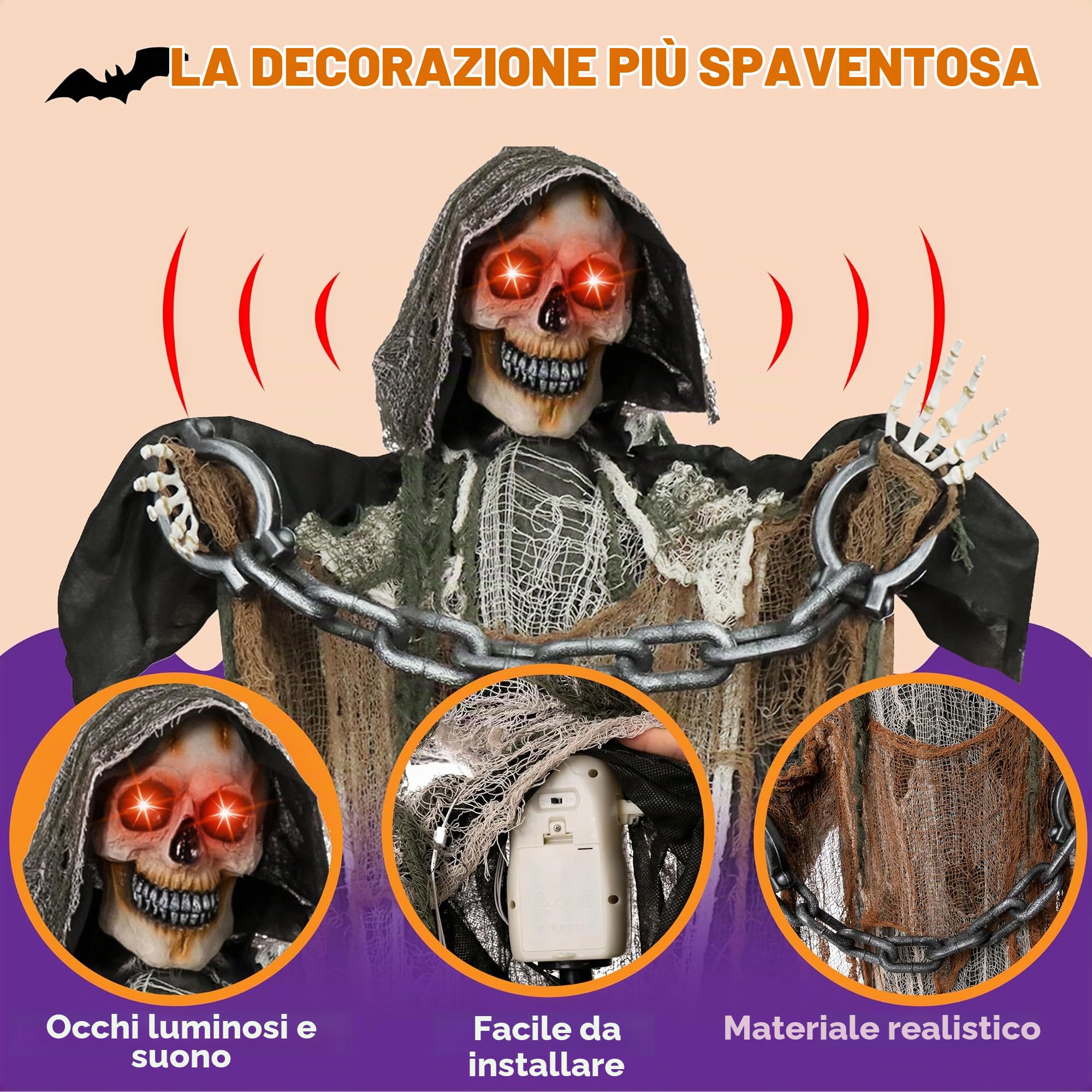 JOYIN 175cm Decorazione animata di Grim Reaper di Halloween con catena, scheletro a grandezza naturale con occhi illuminati Suono raccapricciante