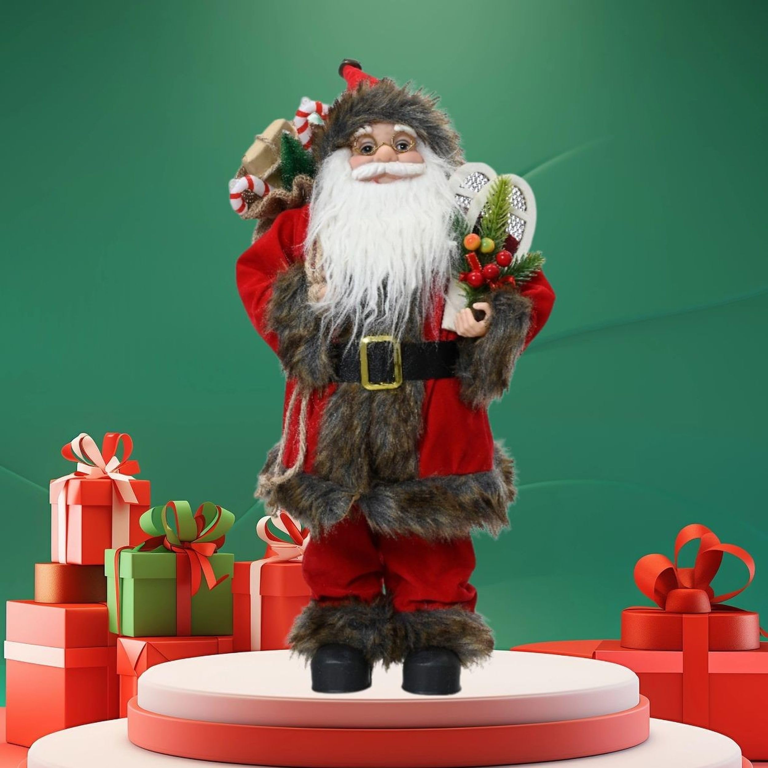 Kaemingk Père Noël debout traditionnel - Figurine de Père Noël - Figurine de Noël 60 cm - Garniture en fourrure rouge unie - Sac de maintien et raquettes à neige canadiennes - Décoration intérieure du