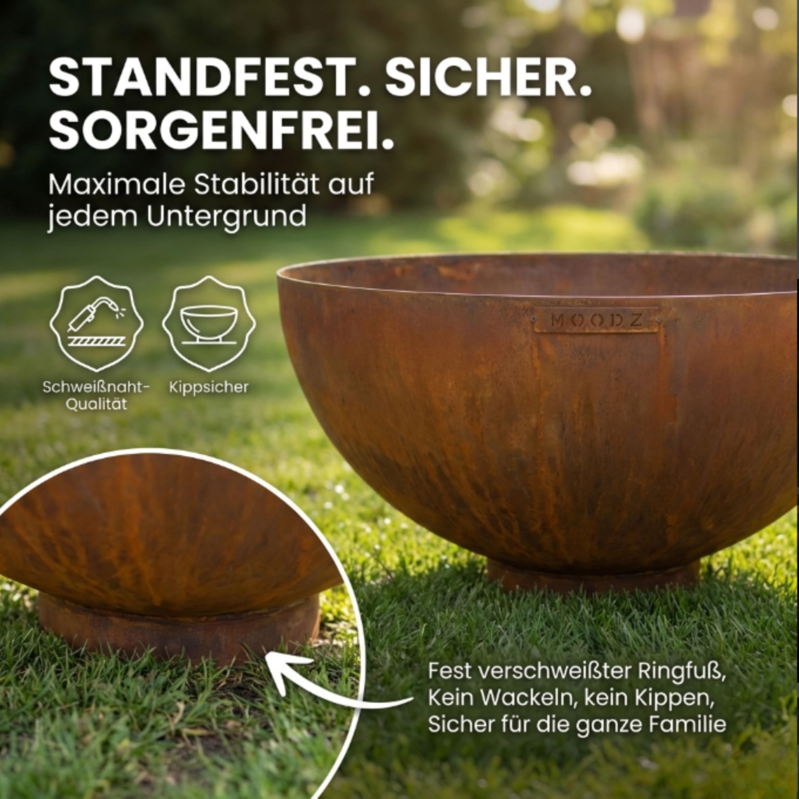 MOODZ Feuerstelle Dome – Hochwertige Feuerschale 80 cm aus 3mm Cortenstahl – Robuste Gartenfeuerstelle für Draußen – Witterungsbeständig & Langlebig – Design Outdoor Feuerkorb