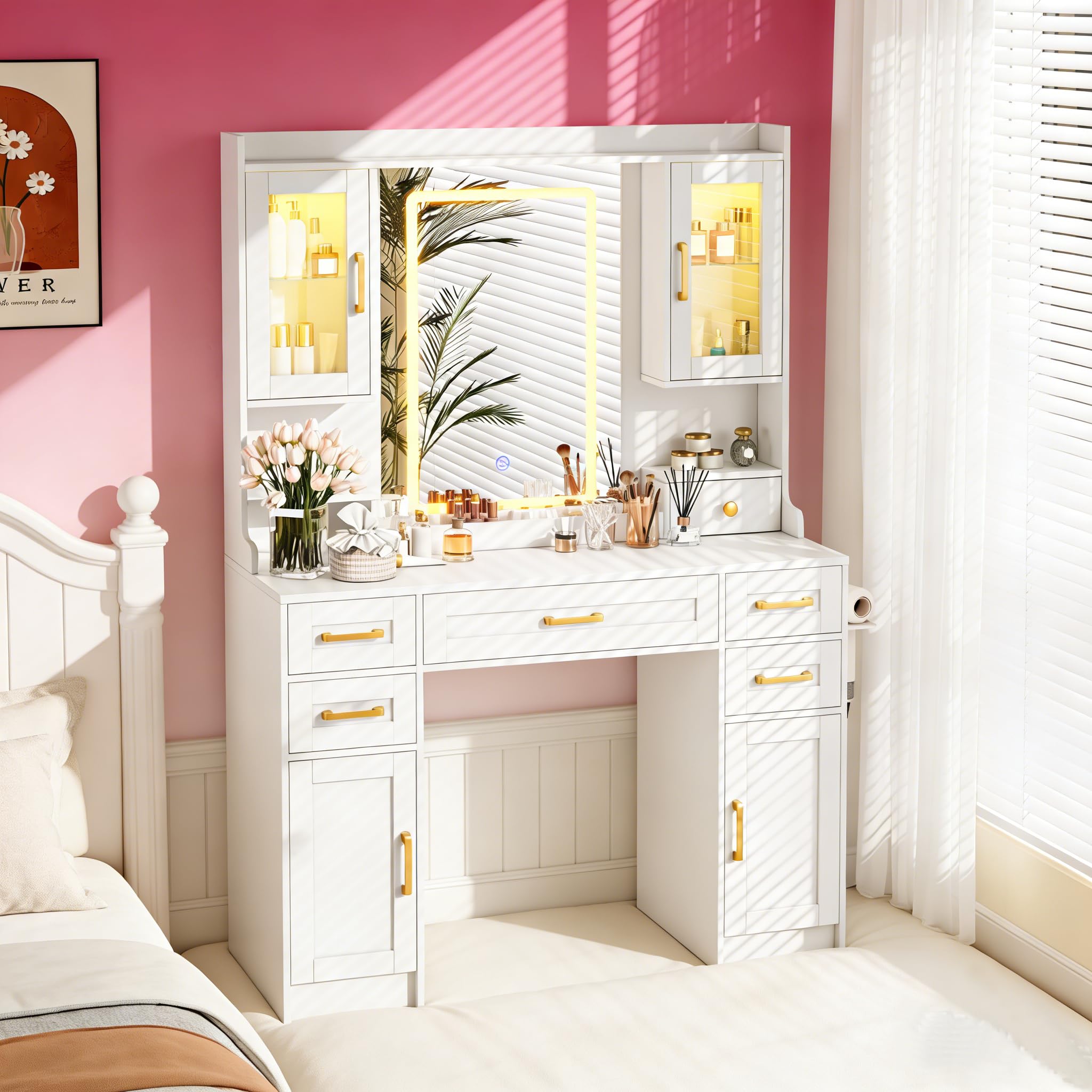 modern vanity desk with mirror, led lights and power outlet, large makeup table set with drawers & display cabinets, white dressing withfor bedroom